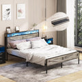 Halitaa LED King Size Bed Frame with Charging Station, Platform Metal Bed with Headboard Storage & USB Ports Outlets, Farmhouse Bed Frame with Lights for Bedroom, Noise Free, Wash Grey (King)