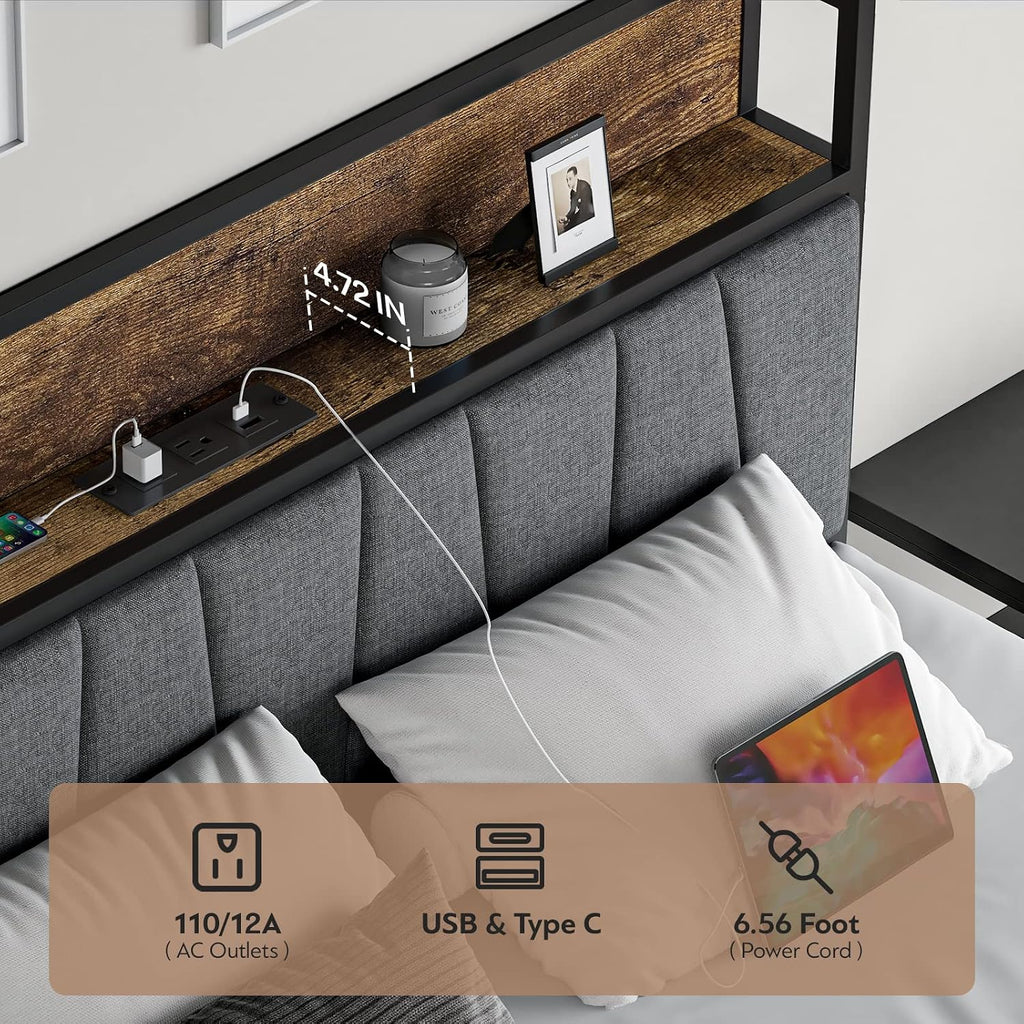 CIKUNASI Full Size Bed Frame with Headboard and Storage, Drawers Platform Bed Frame with Storage Chargin Station LED Light Bedframe, Heavy Duty, No Box Spring Needed