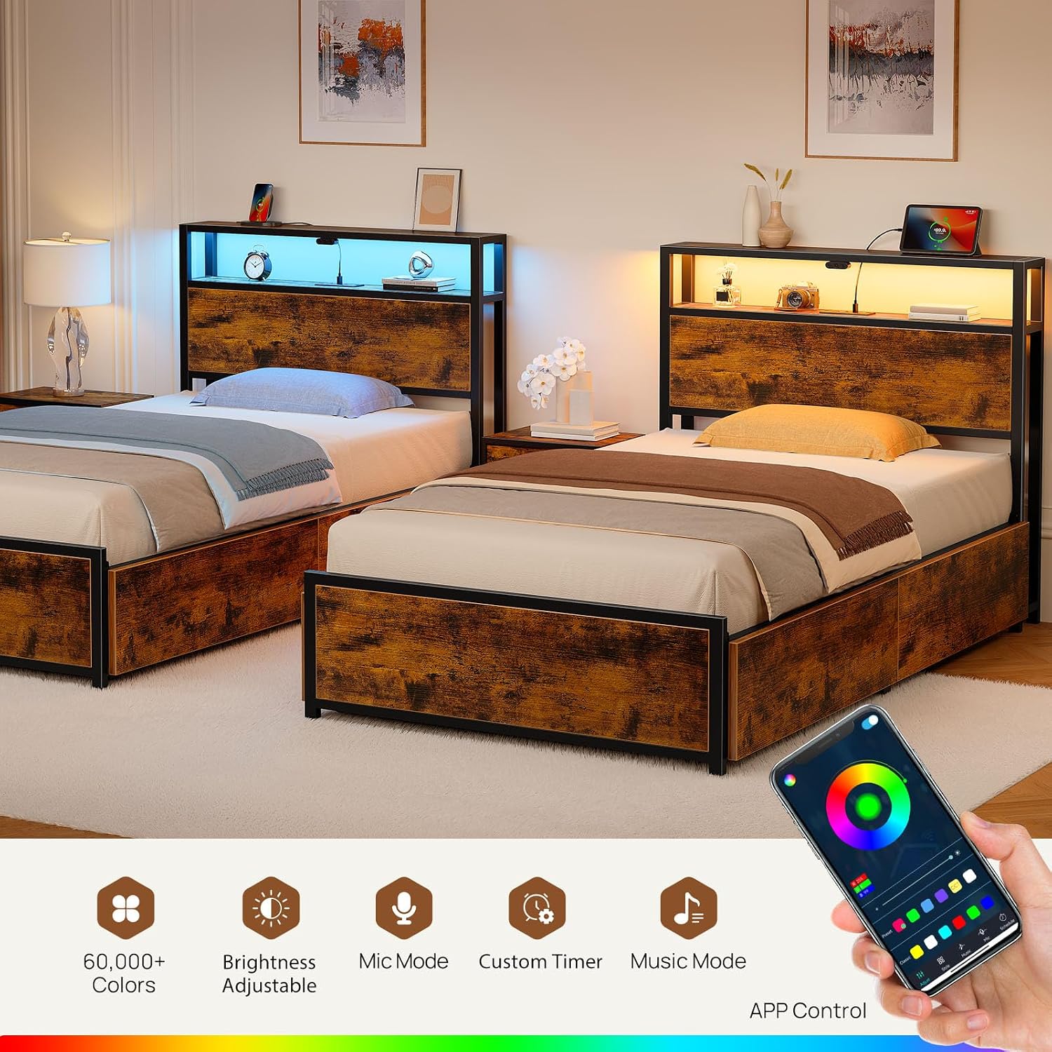 Rolanstar Twin Bed Frame with 4 Storage Drawers, Charging Station and LED Lights, Metal Platform Bed with 2-Tier Storage Headboard, No Box Spring Needed, Easy Assembly, Noise-Free, Rustic Brown