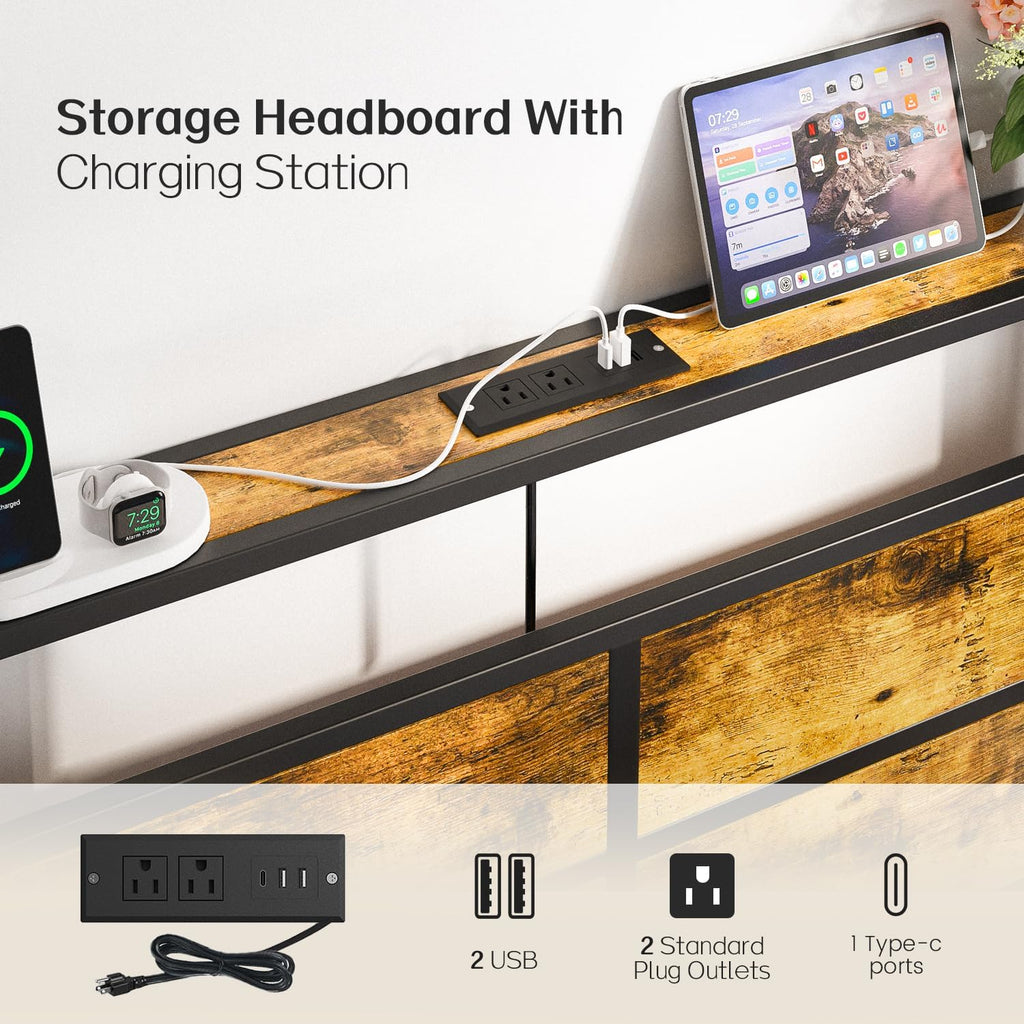 Liians Full Metal Bed Frame with USB Charging Station, Headboard Storage, LED Lights, Noise-Free Design, No Box Spring Needed Visit the Store