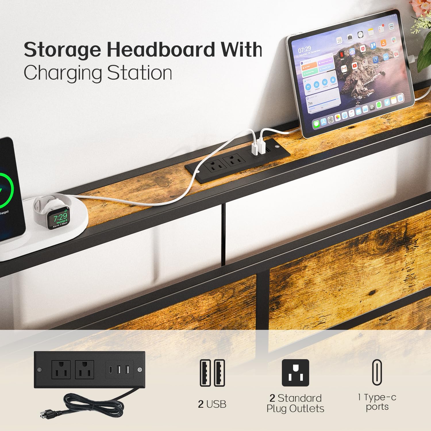 Liians Full Metal Bed Frame with USB Charging Station, Headboard Storage, LED Lights, Noise-Free Design, No Box Spring Needed Visit the Store