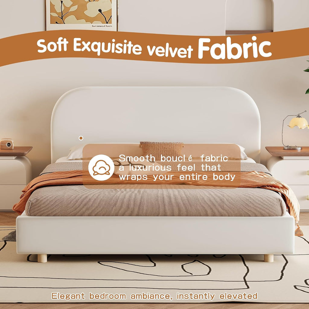 Luxurious Velvet Full Size Upholstered Platform Bed, Modern Solid Bed Frame with Curve-Shaped Design and Thick Headboard for Bedroom, Easy 15-30 min Assembly,Beige