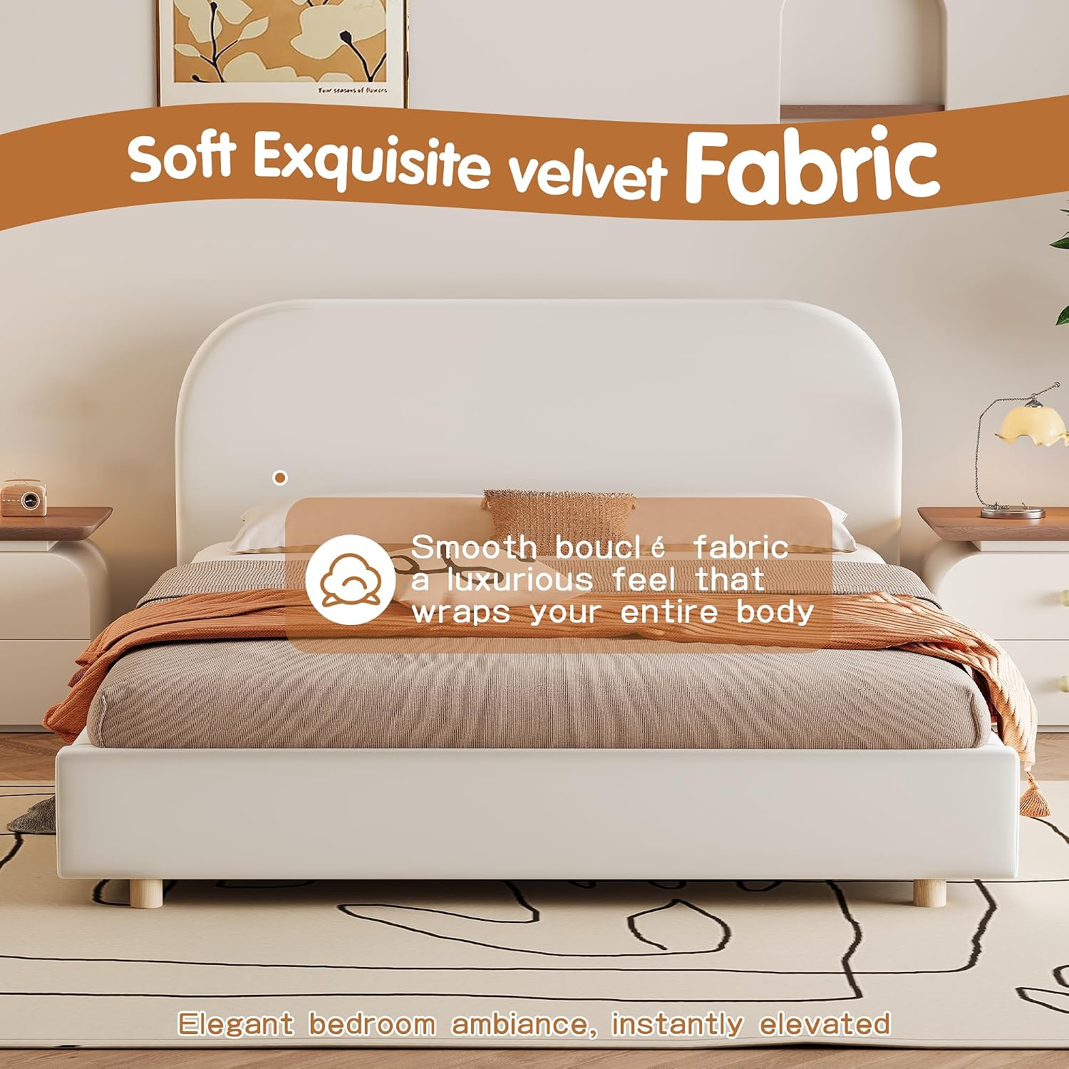 Luxurious Velvet Full Size Upholstered Platform Bed, Modern Solid Bed Frame with Curve-Shaped Design and Thick Headboard for Bedroom, Easy 15-30 min Assembly,Beige