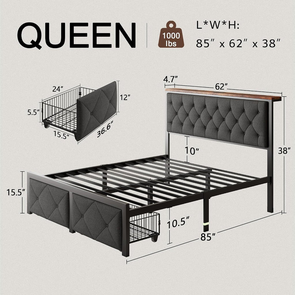 Einhomn Queen Bed Frame with 2 Storage Drawers, Metal Platform Bed with Charging Station, Upholstered Button Tufted Storage Headboard, No Box Spring Needed, Easy Assembly, Noise-Free, Grey
