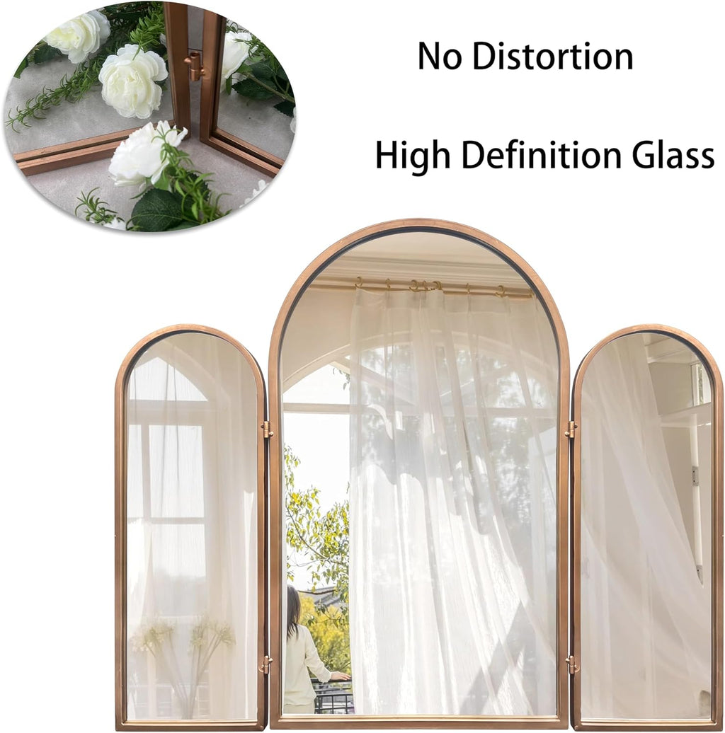 BAODANFU Vintage Gold Trifold Vanity Mirror, 3 Way Mirror for Makeup Room, Dressing Room, Bedroom, Bathroom