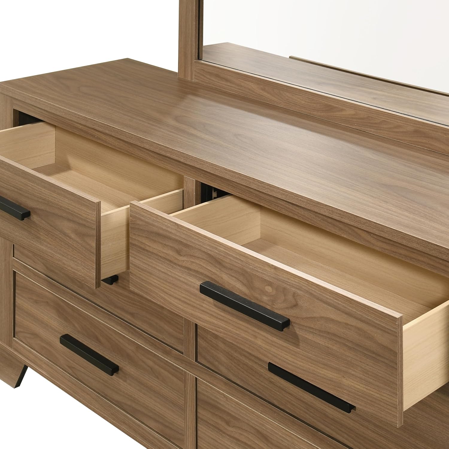 Furniture of America Nomal Modern Solid Wood 5-Piece Bedroom Set with Recessed Panel Headboard Bed, Metal Center Glide on Nightstands and Dresser with Mirror, Box Spring Needed, Queen, Chestnut Brown
