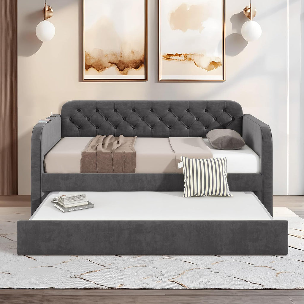 Twin Size Daybed with Trundle Bed, Upholstered Daybed with 2 USB Ports, Sturdy Metal and Wood Frame, Tufted Sofa Bed for Bedroom, No Box Spring Needed, Grey