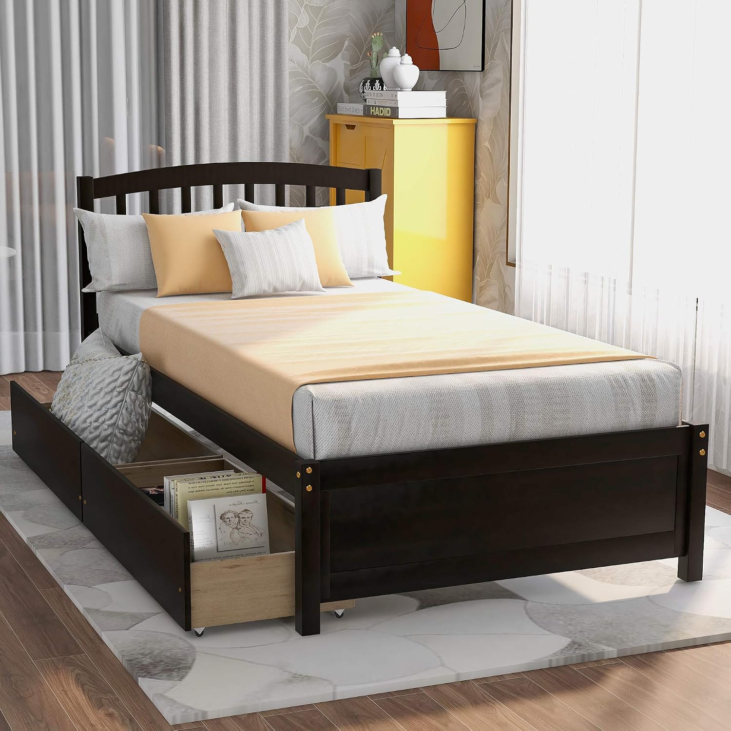 SOFTSEA Twin Platform Bed with Drawers, Solid Wood Bed Frame with Headboard Mattress Foundation No Box Spring Needed (Espresso)