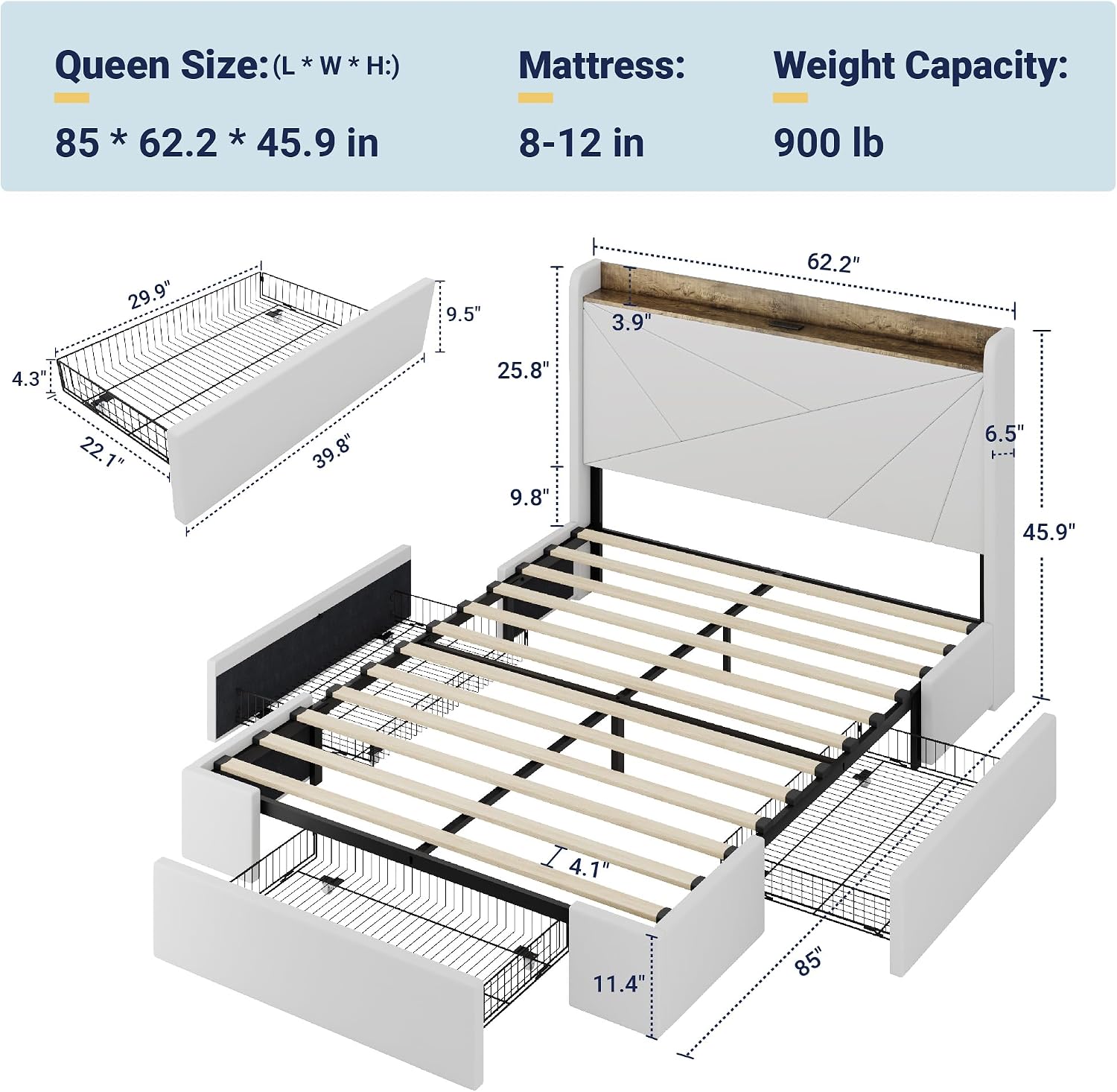 Allewie Queen Size Velvet Bed Frame with 3 Storage Drawers, Upholstered Platform Bed with Wingback Storage Headboard and USB Ports, No Box Spring Needed, Easy Assembly, White