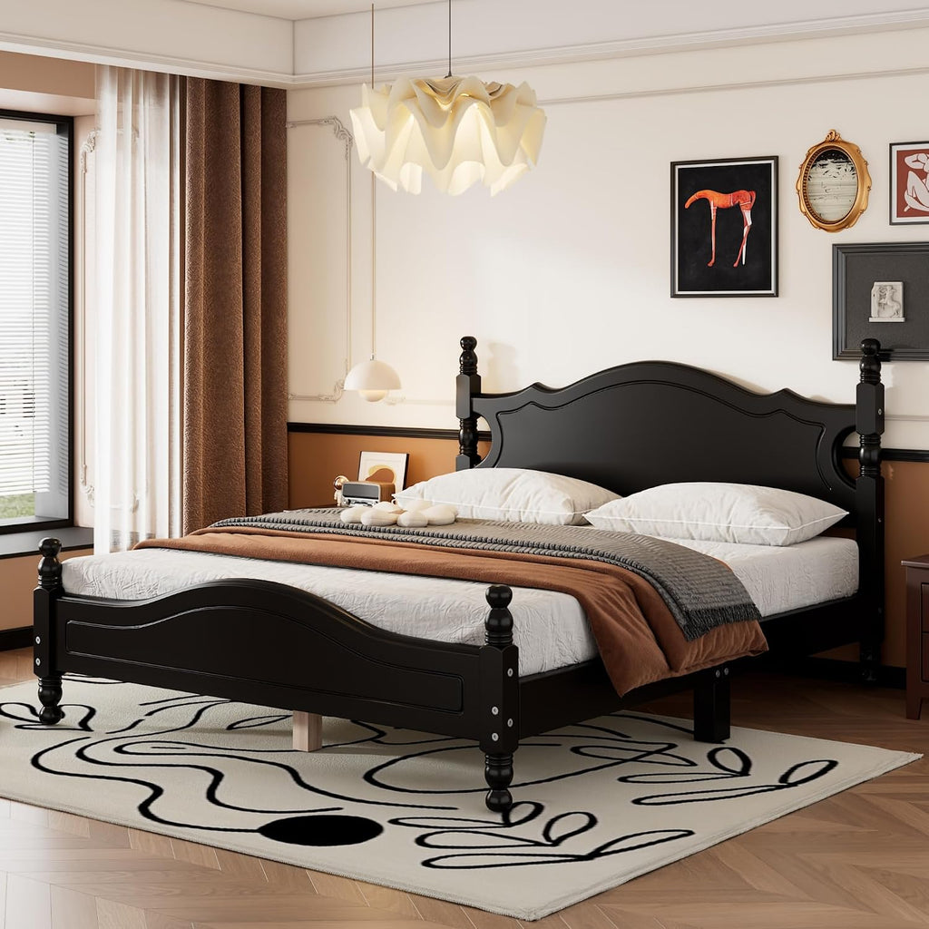 Flieks Queen Size Wood Platform Bed Frame for Boys Girls Kids Toddler,Retro Style Platform Bed with Wooden Slat Support,Black