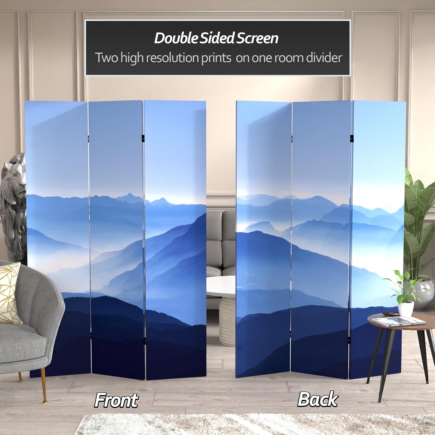 Red Lantern 6 ft. Tall Double Sided Misty Mountain Canvas Room Divider 3 Panel Freestanding Folding Privacy Screen Partition and Separator for Modern and Contemporary Bedroom Home Office Studio Dorm