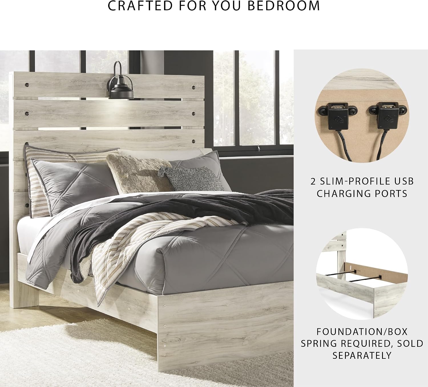 Signature Design by Ashley Cambeck Farmhouse Full Panel Bed with Sconce Light and USB Ports, Foundation or Box Spring Needed, Whitewash