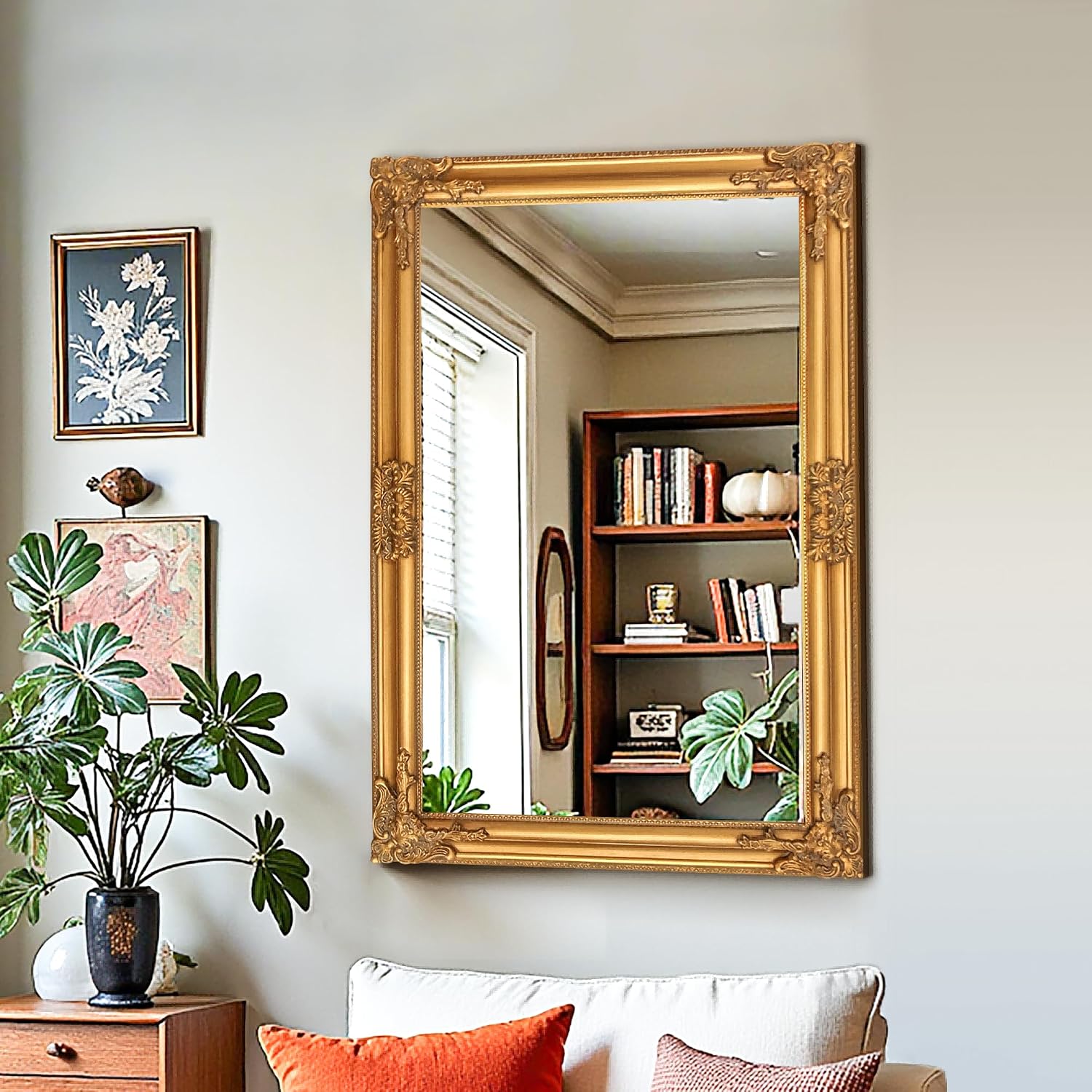 TRAHOME 24'x36' Vintage Gold Baroque Wall Mirror, Ornate Antique Style Decorative Mirror for Entryway, Living Room, Fireplace Mantel, Hallway