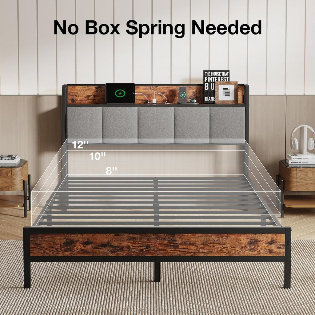 Novilla Queen Bed Frame with Charging Station USB/Type-C & Storage Headboard, Modern Metal Platform Bed Frame, Easy Assembly, Heavy Duty Slats Support, Noise Free, No Box Spring Needed