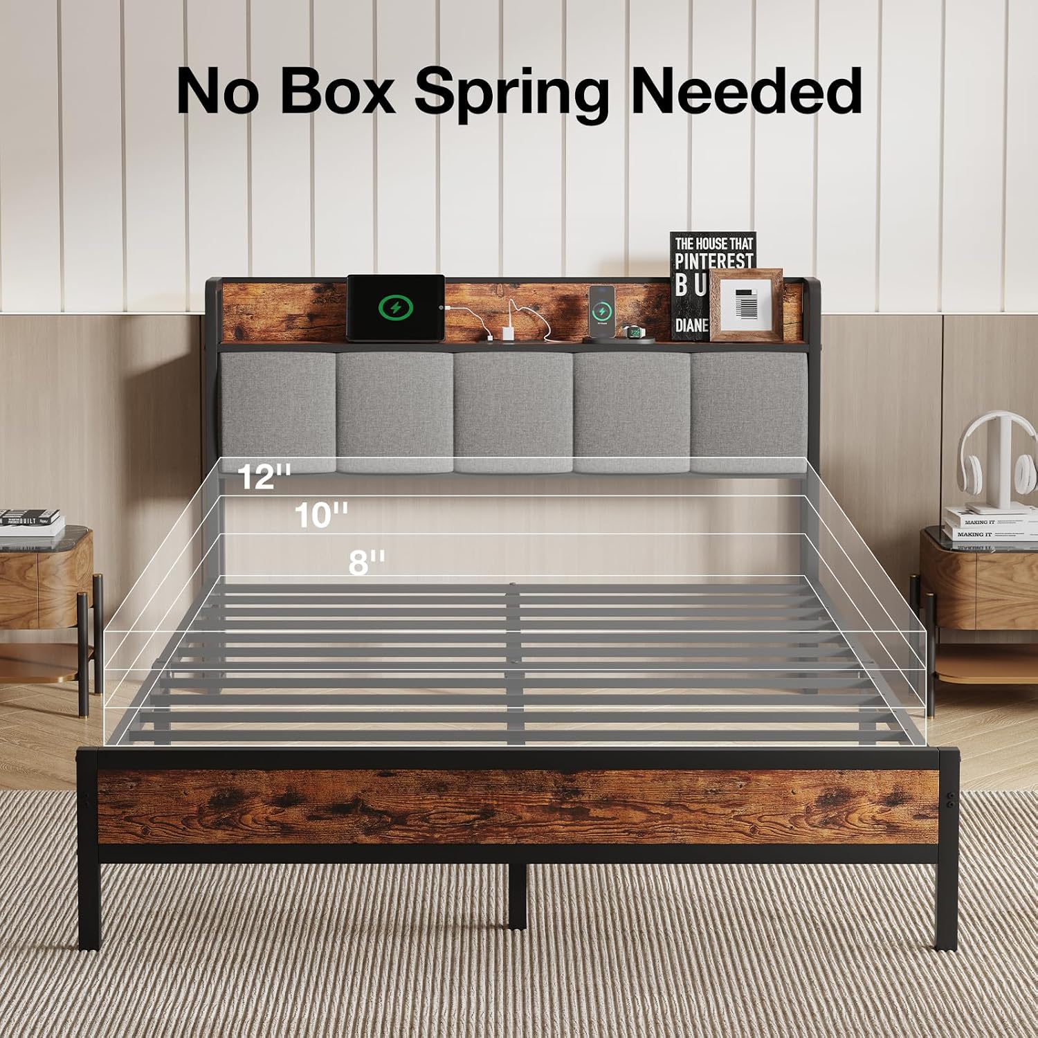 Novilla Queen Bed Frame with Charging Station USB/Type-C & Storage Headboard, Modern Metal Platform Bed Frame, Easy Assembly, Heavy Duty Slats Support, Noise Free, No Box Spring Needed