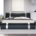 HOOMIC Modern King Faux Leather Bed Frame with Iron Pieces Decor, Low Profile Platform Bed with Height-Adjustable Headboard, Solid Wood Slat Support, No Box Spring Needed, Black