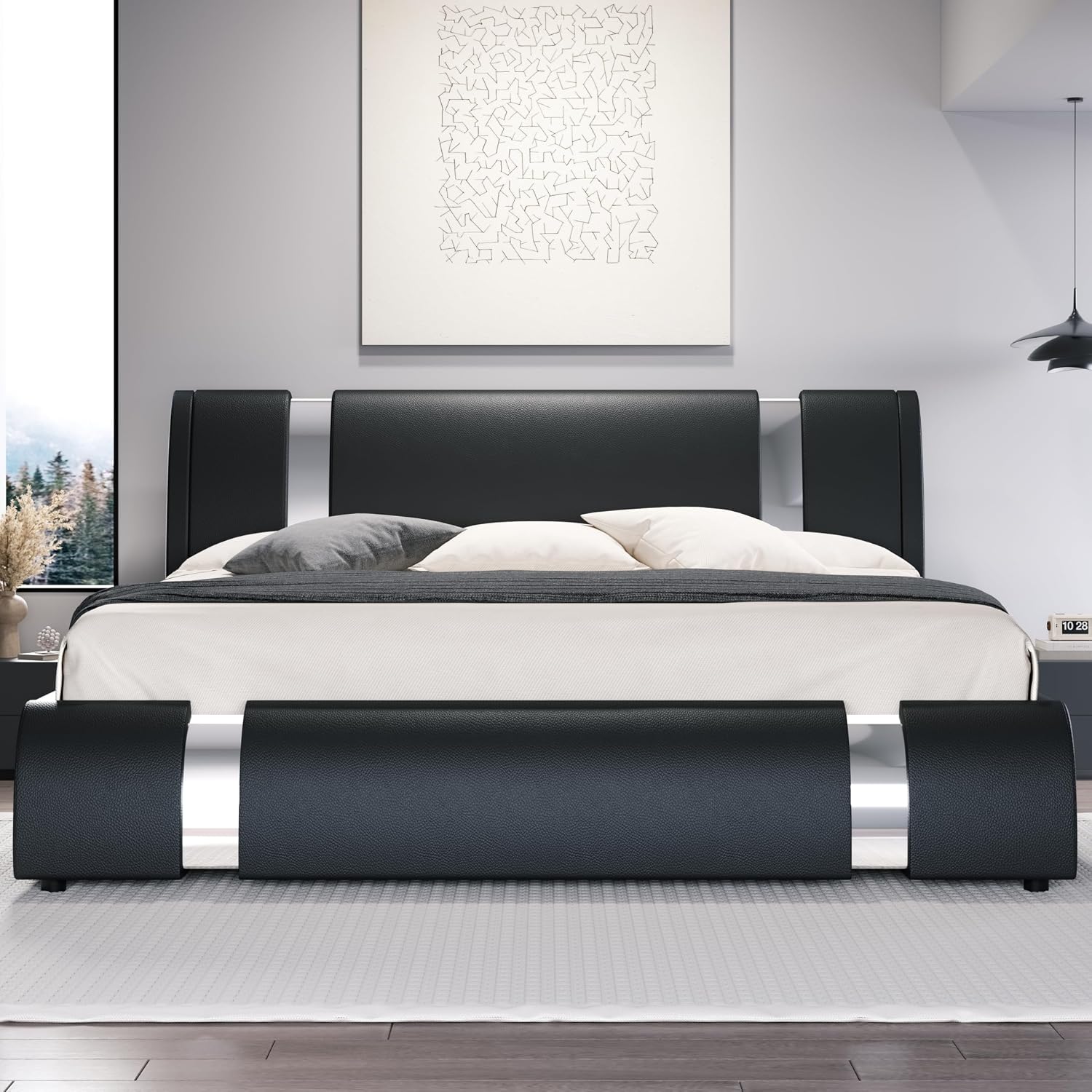 HOOMIC Modern King Faux Leather Bed Frame with Iron Pieces Decor, Low Profile Platform Bed with Height-Adjustable Headboard, Solid Wood Slat Support, No Box Spring Needed, Black