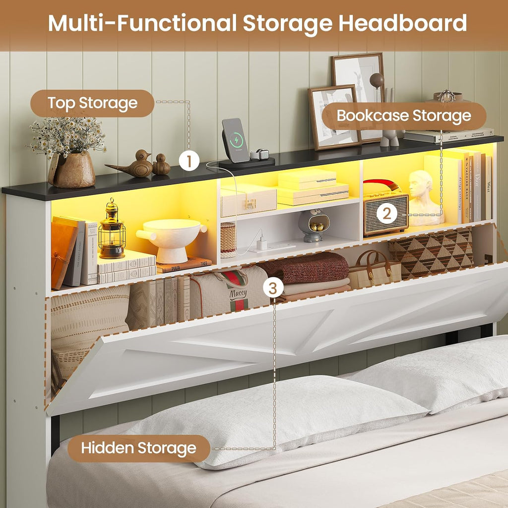AOGLLATI Queen Bed Frame with Storage Bookcase Headboard and 4 Drawers,Wooden Farmhouse Led Bed Frame Queen Size with Charging Station & Metal Slats,White