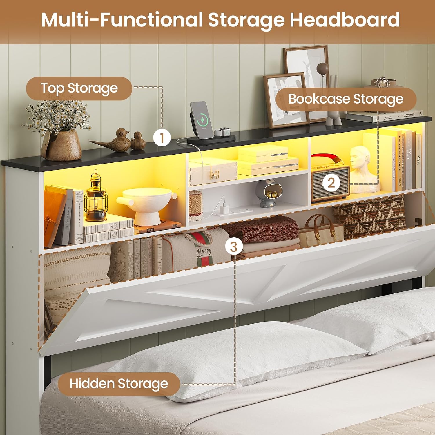 AOGLLATI Farmhouse Bed Frame Full Size with 4 Storage Drawers and Charging Station, Wooden Full Size Bed Frame with Hidden Space Bookcase Headboard and Led Lights & Metal Slats, White