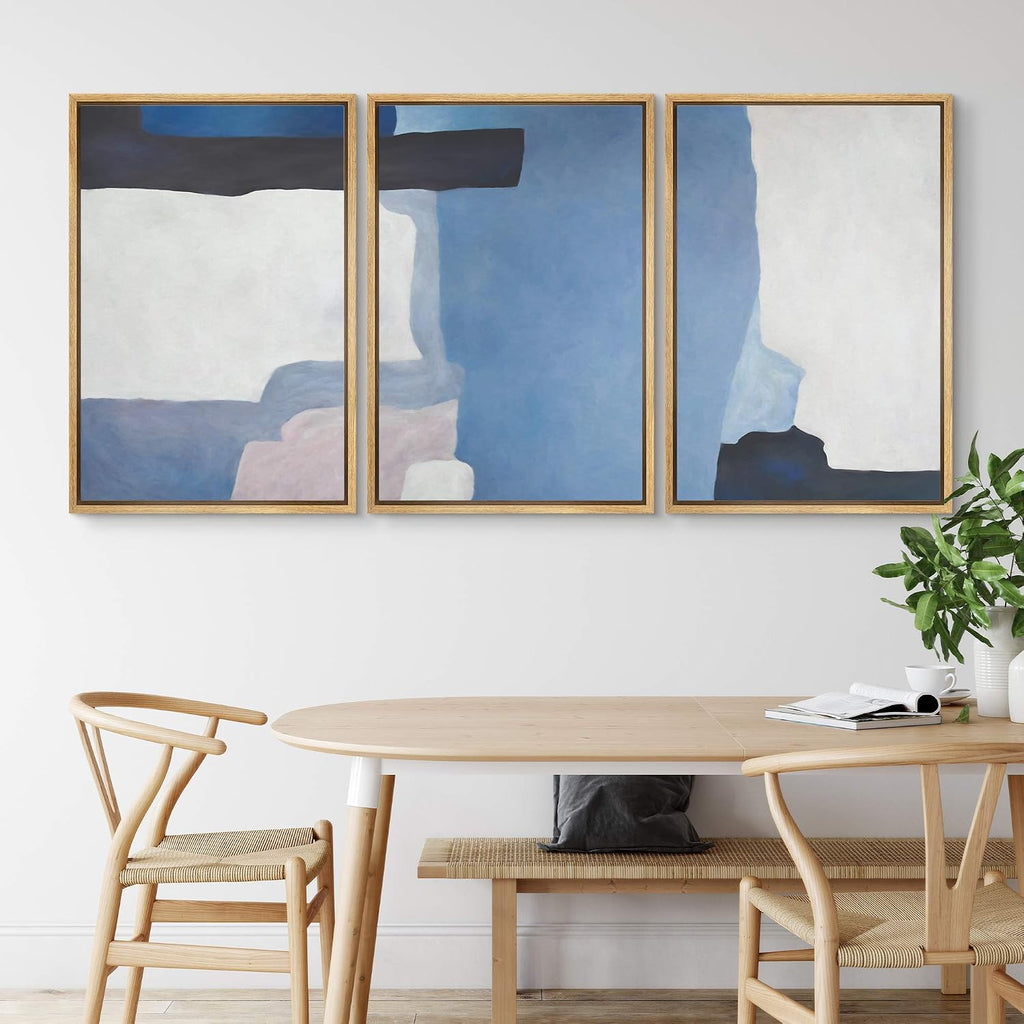 NWT Framed Wall Art Print Set Blue Watercolor Blot Set Abstract Shapes Illustrations Modern Art Minimalist Colorful Pastel for Living Room, Bedroom, Office - 16'x24'x3 Natural