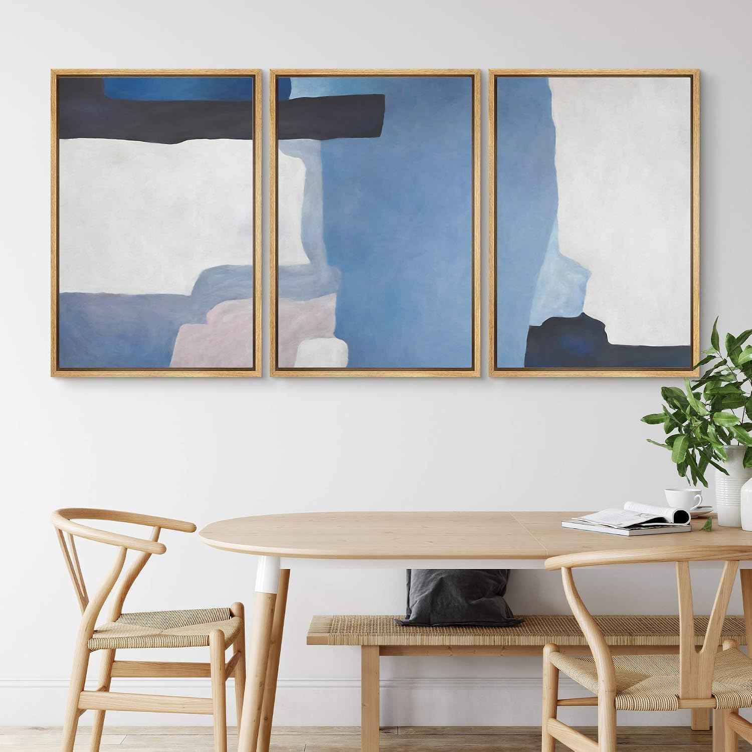 NWT Framed Wall Art Print Set Blue Watercolor Blot Set Abstract Shapes Illustrations Modern Art Minimalist Colorful Pastel for Living Room, Bedroom, Office - 16'x24'x3 Natural