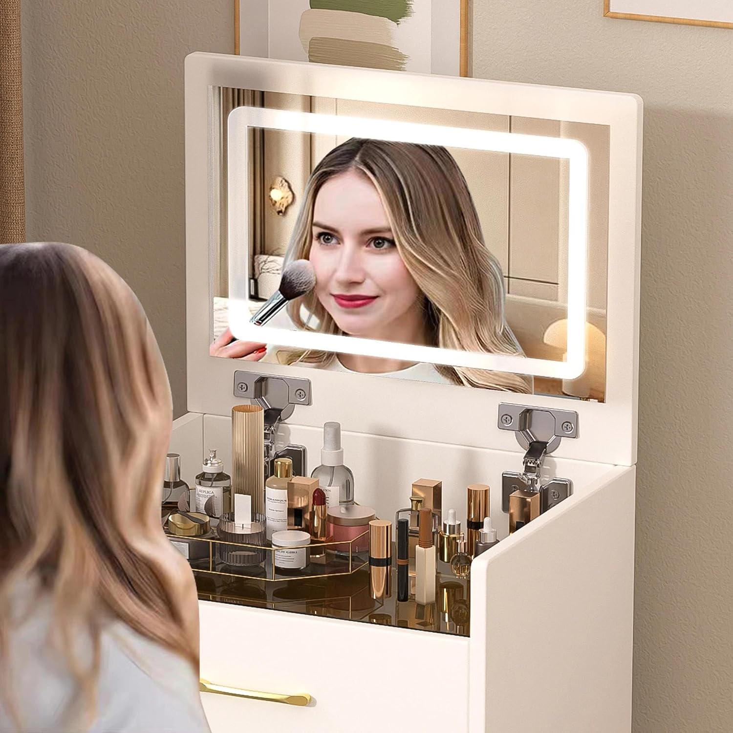 3 in 1 Vanity Desk with Open Top Mirror,Small Make Up Vanitys Set with Visible Glass Desktop,Compact Makeup Vanity with 3 Drawers,Dressing Table for Bedroom
