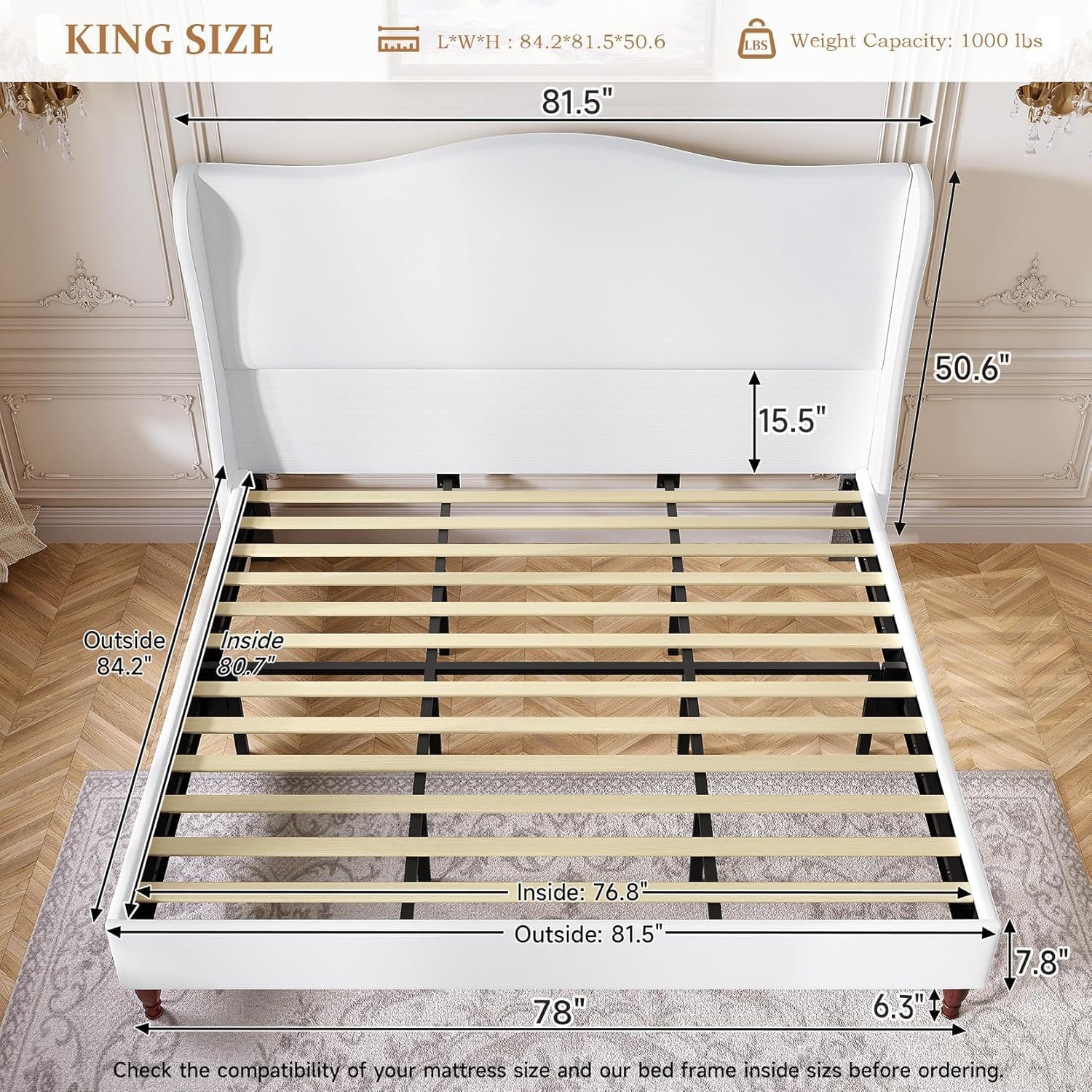 koorlian King Size Bed Frame with 51' Tall Headboard, Fully Upholstered Platform Bed Frame with with Soft Fabric, Sleigh Wingback, Solid Wood Retro Legs, Modern Minimalist Style, Easy Assembly, White
