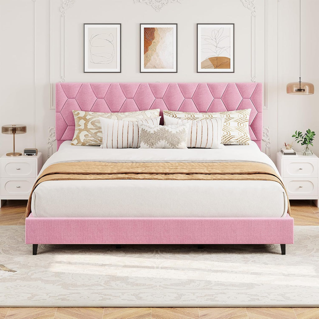 GarveeHome Pink King Bed Frame with Upholstered Headboard, Heavy-Duty Platform Bed Frame with Strong Wood Slats, No Box Spring Needed/Noise Free/Easy Assembly