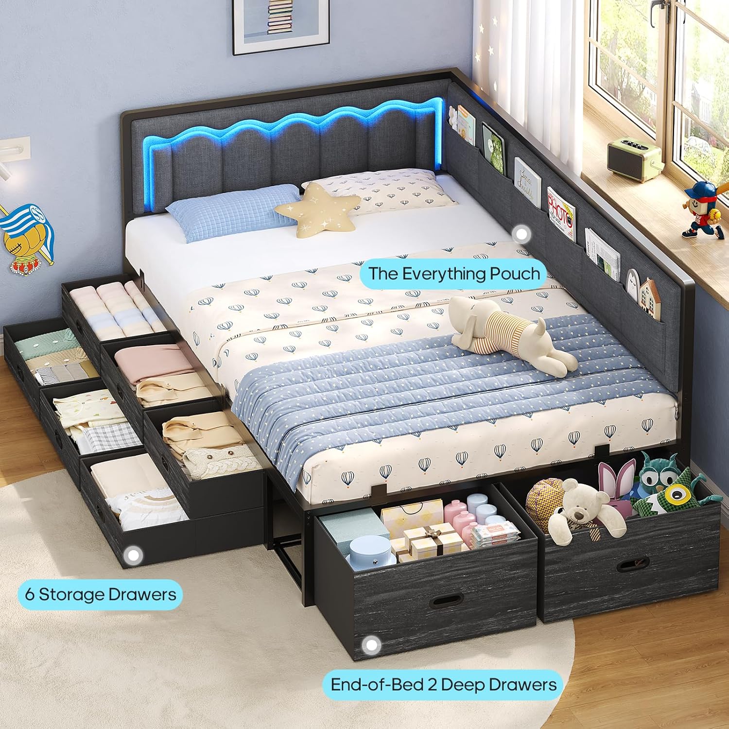ADORNEVE Corner Bed Frame Twin with 8 Drawers, 6 Storage Pockets, Twin Daybed with Storage and RGB Wave Lights, Twin Size Platform Bed with L-Shaped Upholstered Guardrail for Kids Teen,Grey