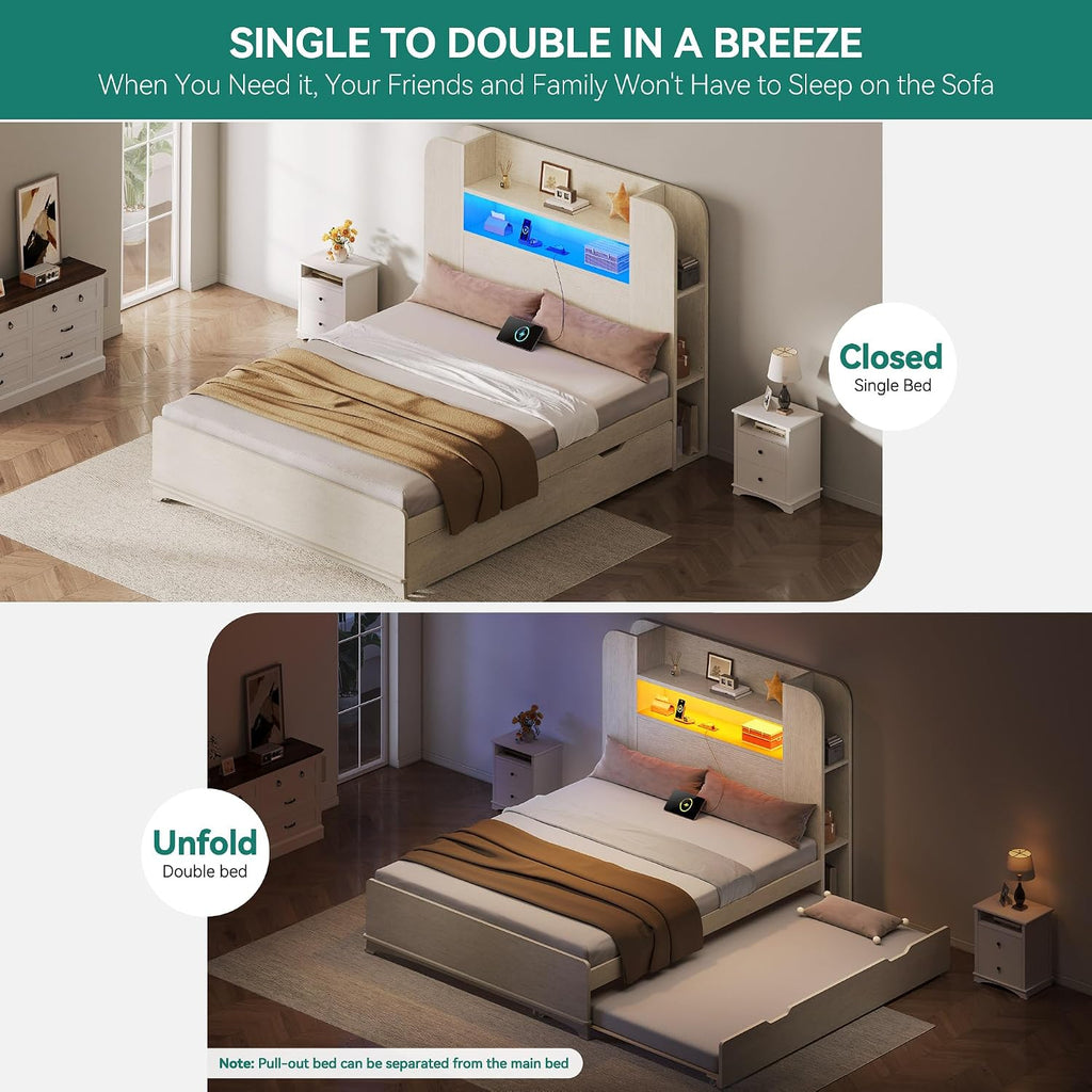 DWVO Twin Size Bed with Trundle, Bookcase Bed Frame with Storage Headboard and Charging Station, RGB LED Lights Bed with Wooden Support with Type-C, No Box Spring Needed, Noise Free, White