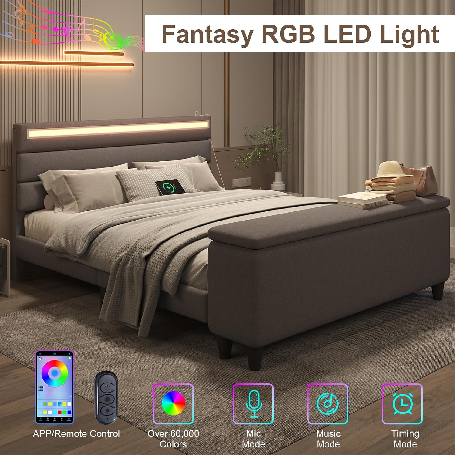 E-Motie Queen Size Bed Frame with Ottoman Storage, Upholstered Platform Bed with Headboard, LED Light & Charging Station, Solid Wooden Slats Support, No Box Spring Needed, Easy Assembly, Grey