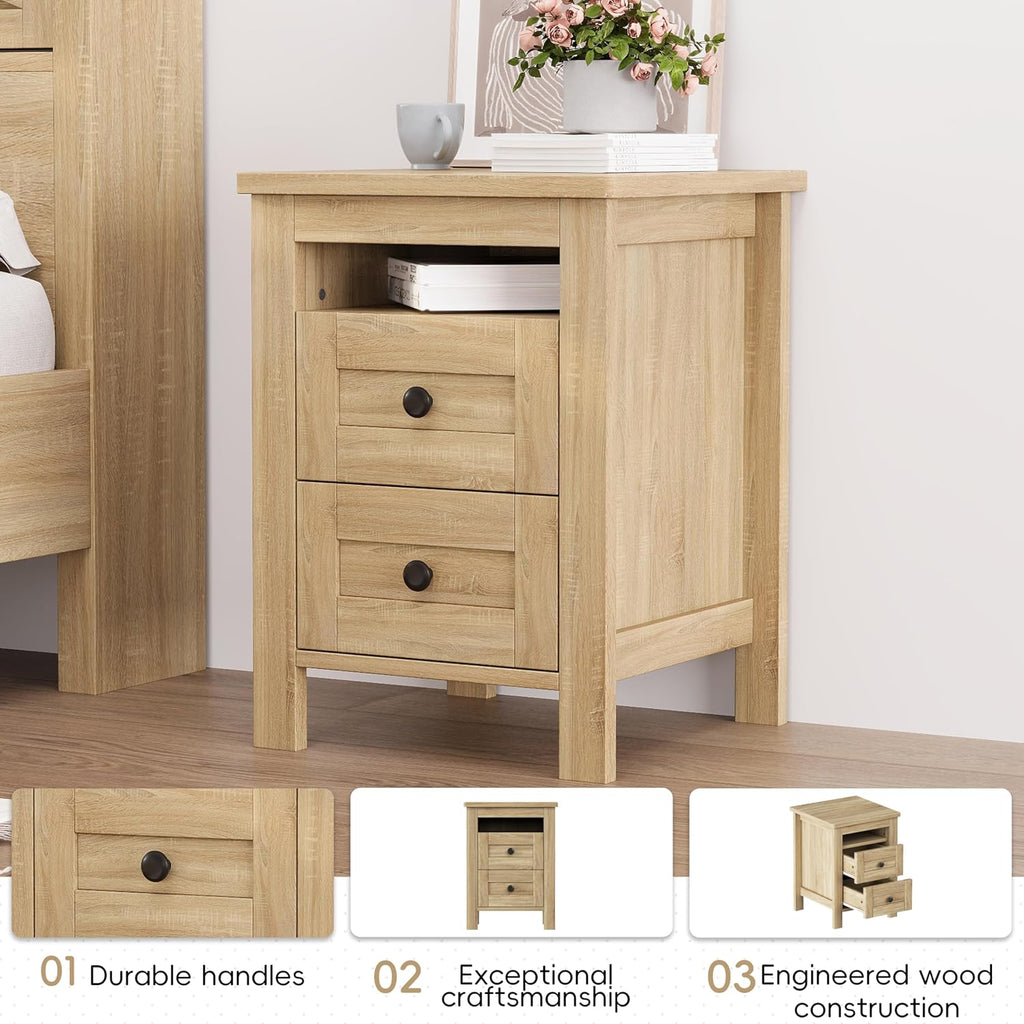 3-Pieces Queen Size Bedroom Sets, Farmhouse Platform Bed with Double Sliding Door USB Storage Headboard, 3PCS Bedroom Sets with Cabinet and Nightstands, Kids Adults, Natural