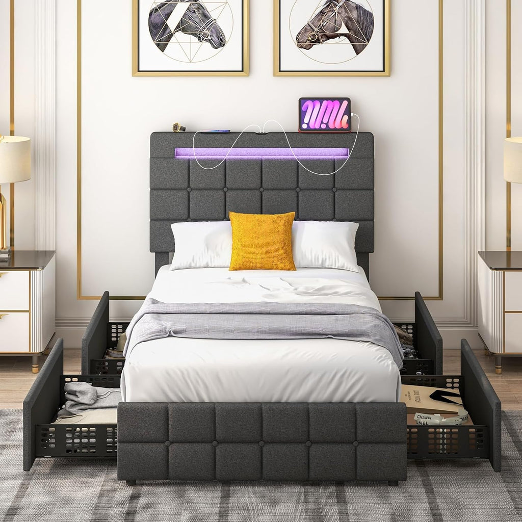 Giantex Twin Bed Frame with LED Lights and 4 Drawers, Upholstered Platform Bed Frame with USB Ports, Tufted Adjustable Headboard Design, Solid Wooden Slat Support, No Box Spring Needed