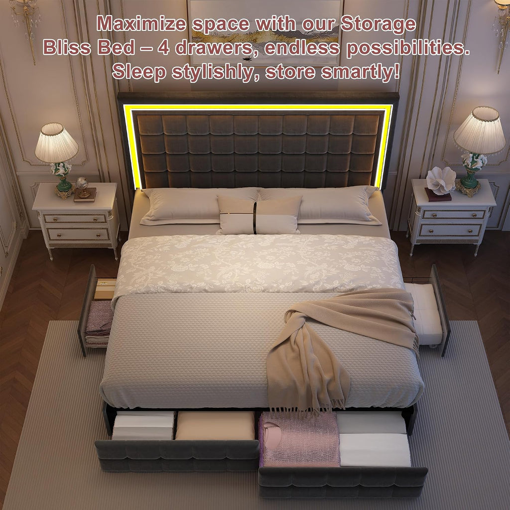 GEGOFORU Full Bed Frame with LED Lighting and Storage Drawers, No Box Spring Needed, Supports 900 lbs, Easy Assembly, Quiet and Sturdy Design, Velvet Gray