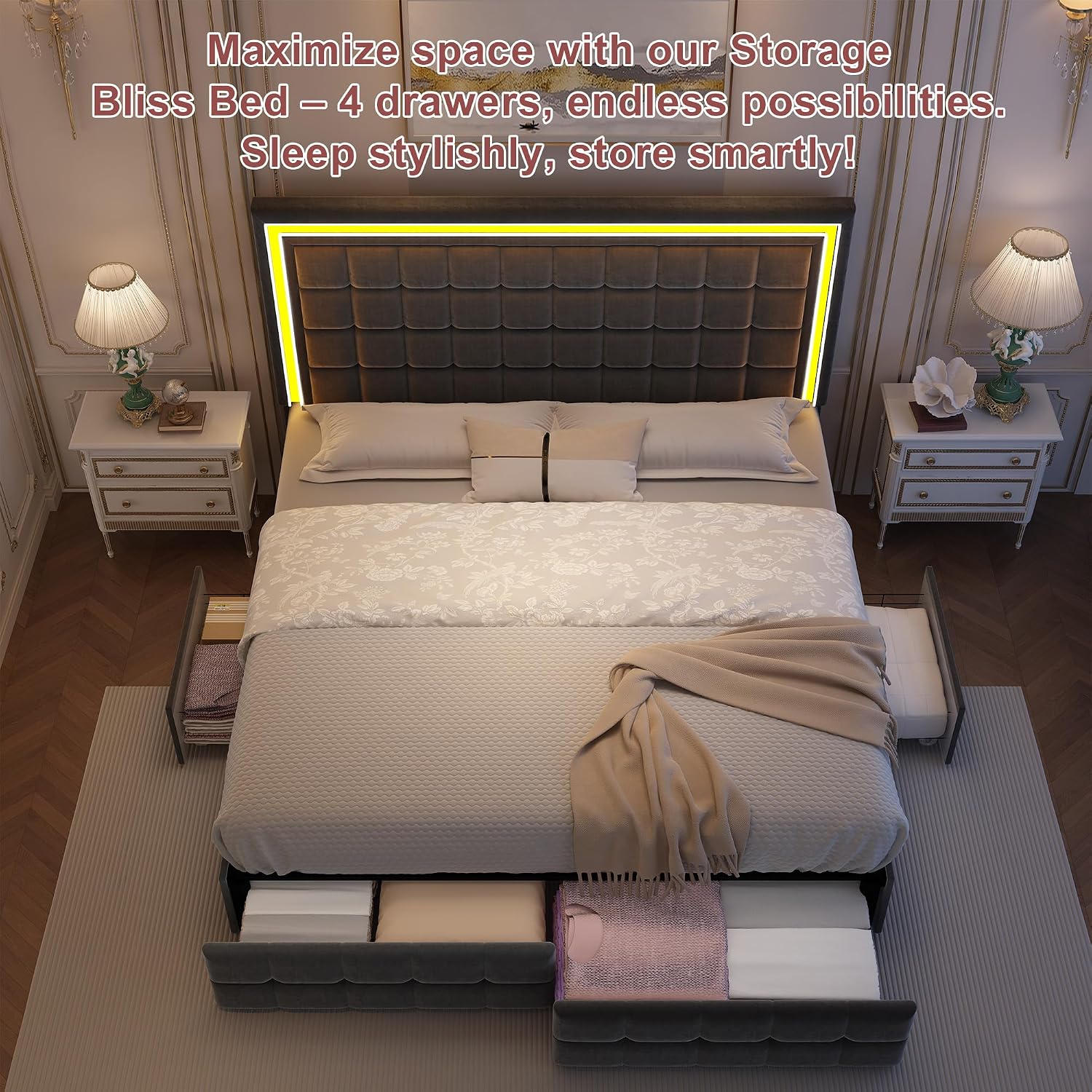 GEGOFORU Full Bed Frame with LED Lighting and Storage Drawers, No Box Spring Needed, Supports 900 lbs, Easy Assembly, Quiet and Sturdy Design, Velvet Gray