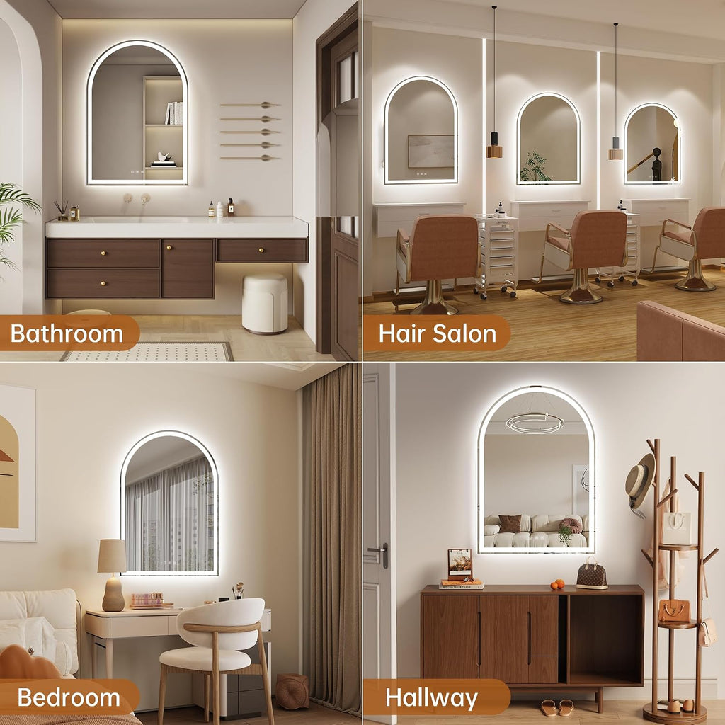 Arched Bathroom Mirror with Lights 28'x40'- Frameless LED Mirror for Bathroom, Fogless, Dimmable, 3 Color Changing, Shatterproof, Touch Sensor