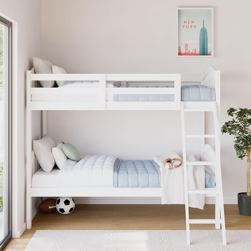 Storkcraft Long Horn Twin-Over-Twin Bunk Bed (White) - GREENGUARD Gold Certified, Converts to Two Twin Beds, Wood Bunk Bed for Kids Bedroom