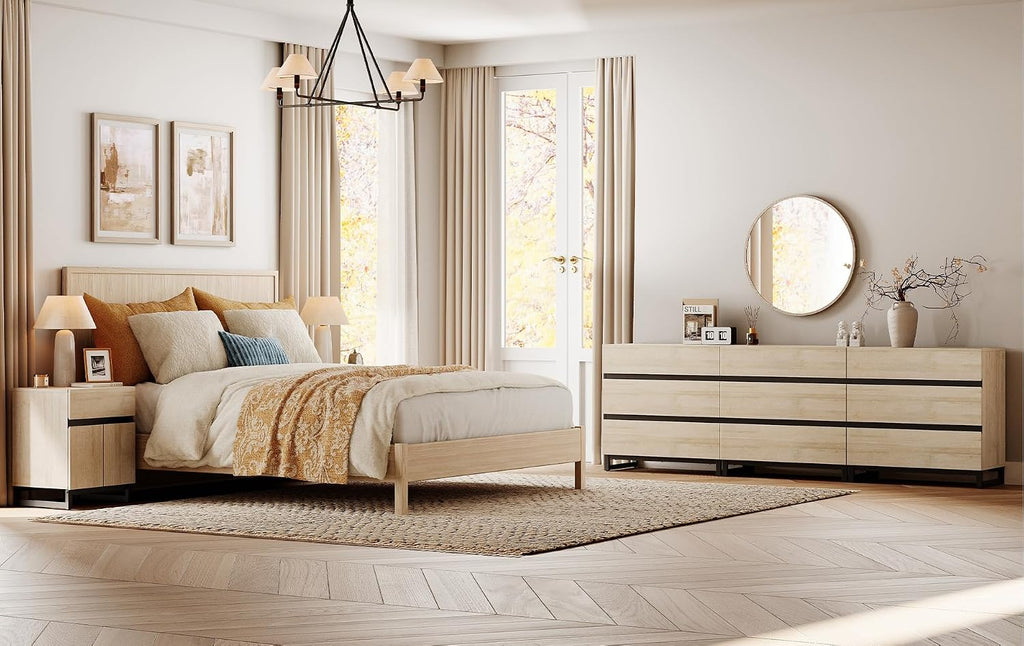 WAMPAT Dresser and Nightstand Set of 3, 94.5 Inches Dresser with 9 Drawers, 2 Nightstand with Drawer and Cabinet for Bedroom, Bedroom Furniture Set, Light Oak