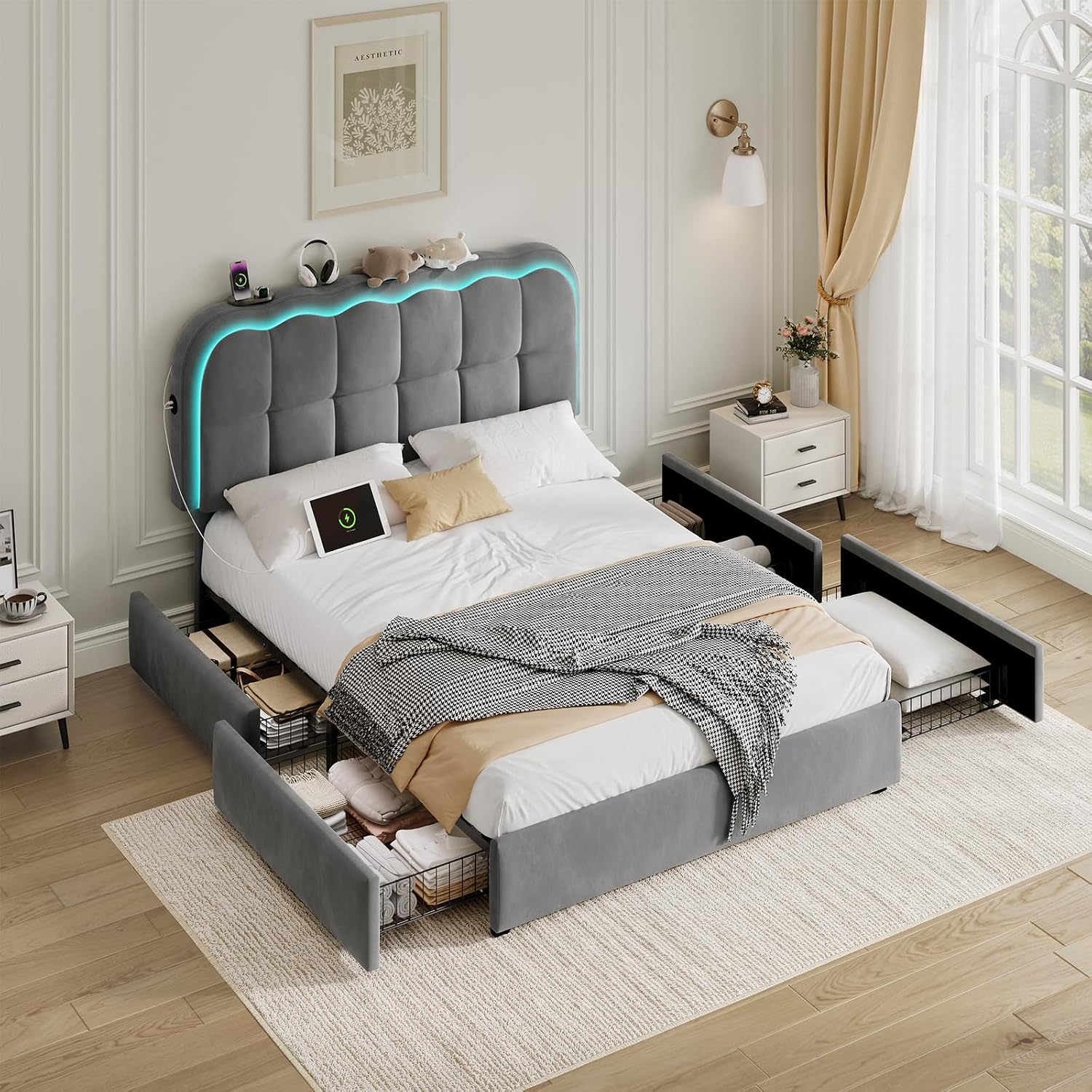 CypBed Full Size Bed Frame with 4 Storage Drawers & LED Lights, Velvet Upholstered Platform Bed Frame with Charing Station and Adjustable Headboard, Wood Slats Support, No Box Spring Needed, Grey