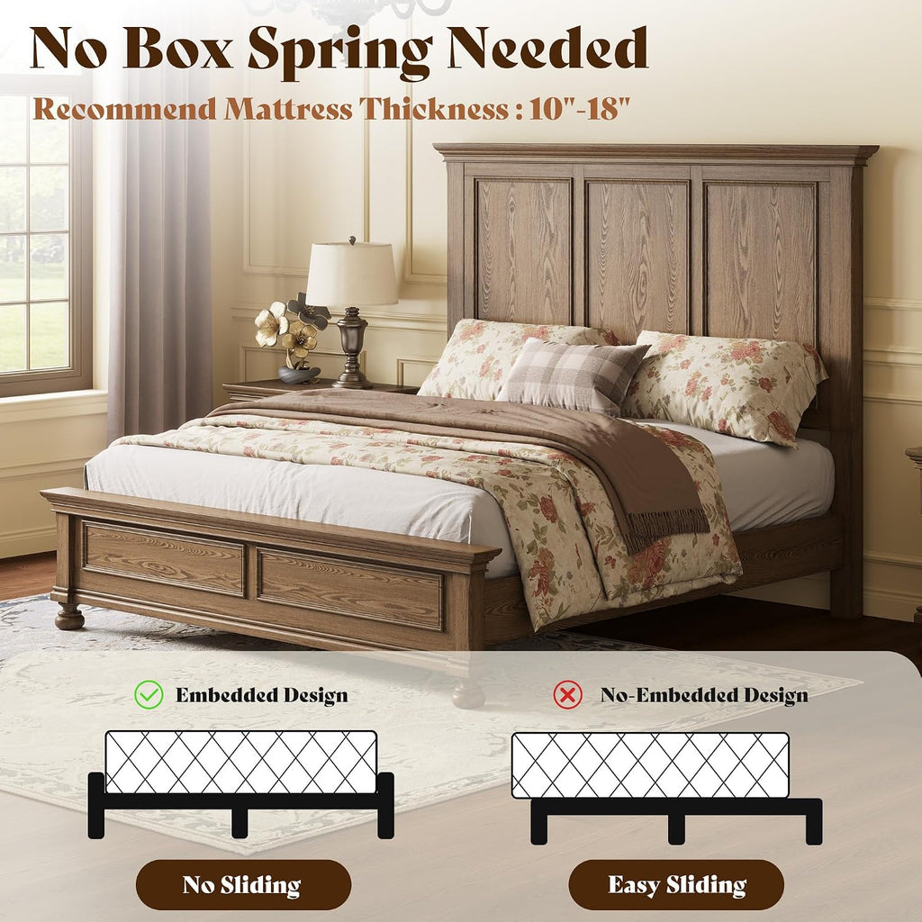 AMERLIFE Solid Wood King Bed Frame with 65.2' High Headboard, Traditional Platform Bed with Heavy Duty Slats, No Box Spring Needed, Easy Assembly, Light Brown