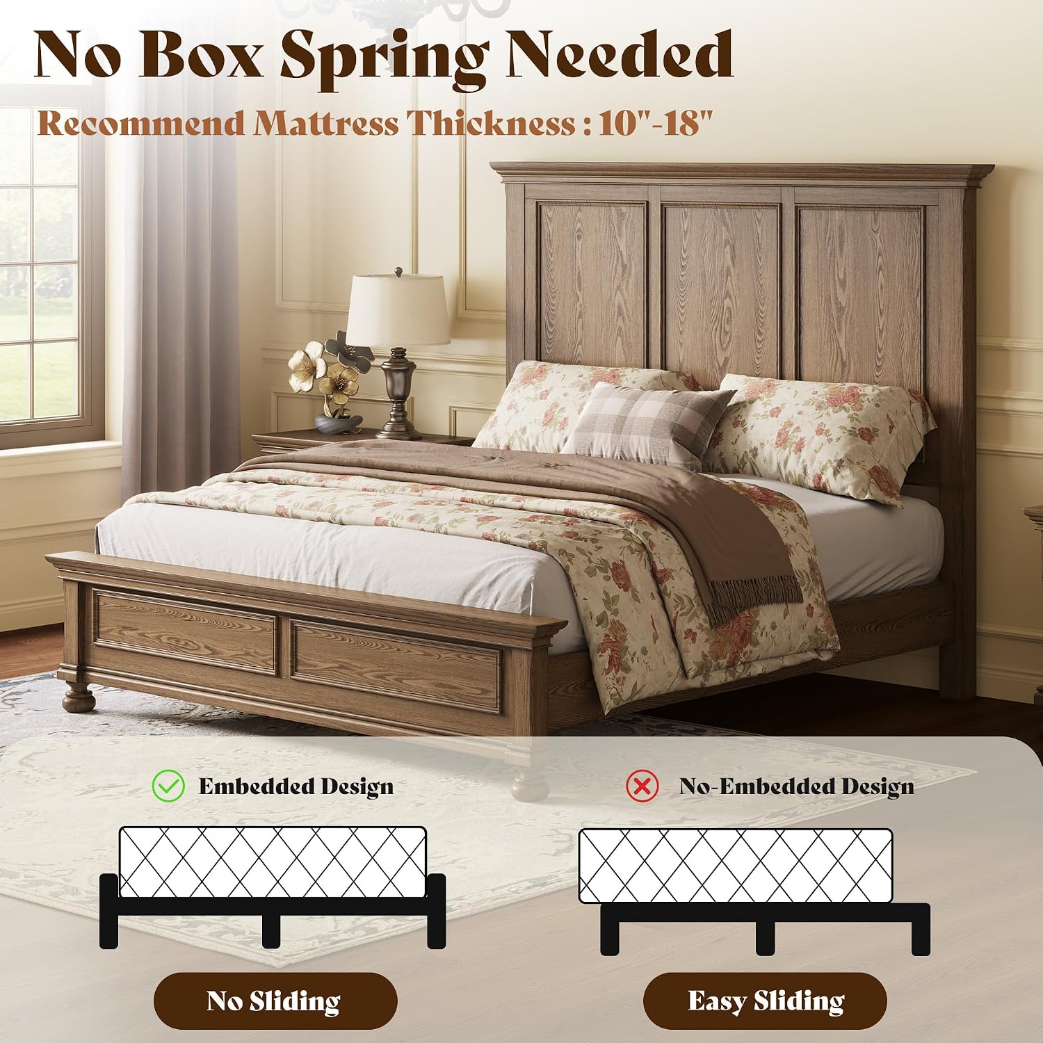 AMERLIFE Solid Wood King Bed Frame with 65.2' High Headboard, Traditional Platform Bed with Heavy Duty Slats, No Box Spring Needed, Easy Assembly, Light Brown