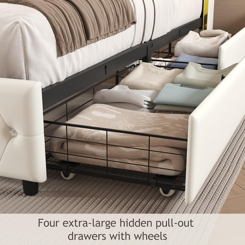 E-Motie Queen Bed Frame with Wingback Headboard, Upholstered Platform Bed with RGB LED Lights, Charging Station, 4 Storage Drawers & Metal Slat Support, No Box Spring Needed, White