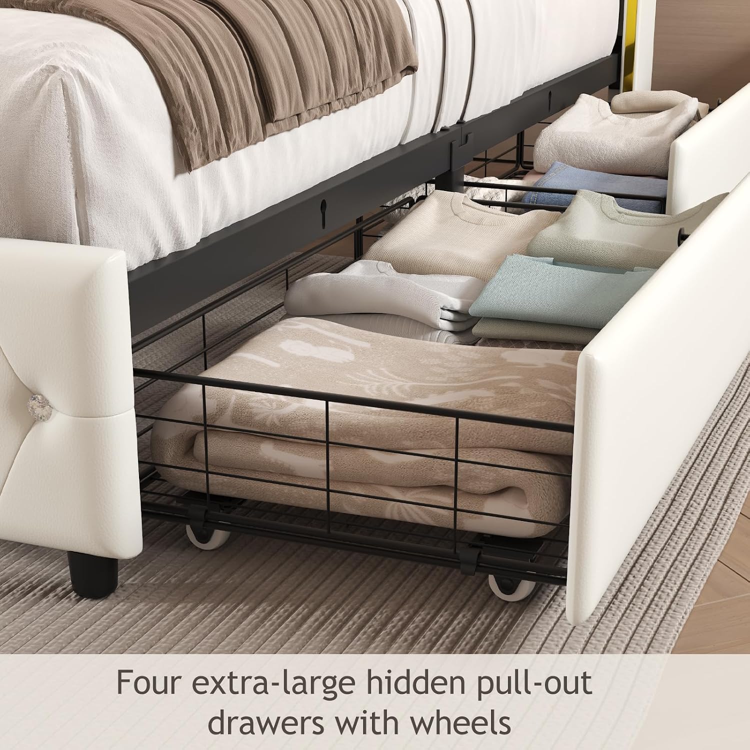E-Motie Queen Bed Frame with Wingback Headboard, Upholstered Platform Bed with RGB LED Lights, Charging Station, 4 Storage Drawers & Metal Slat Support, No Box Spring Needed, White