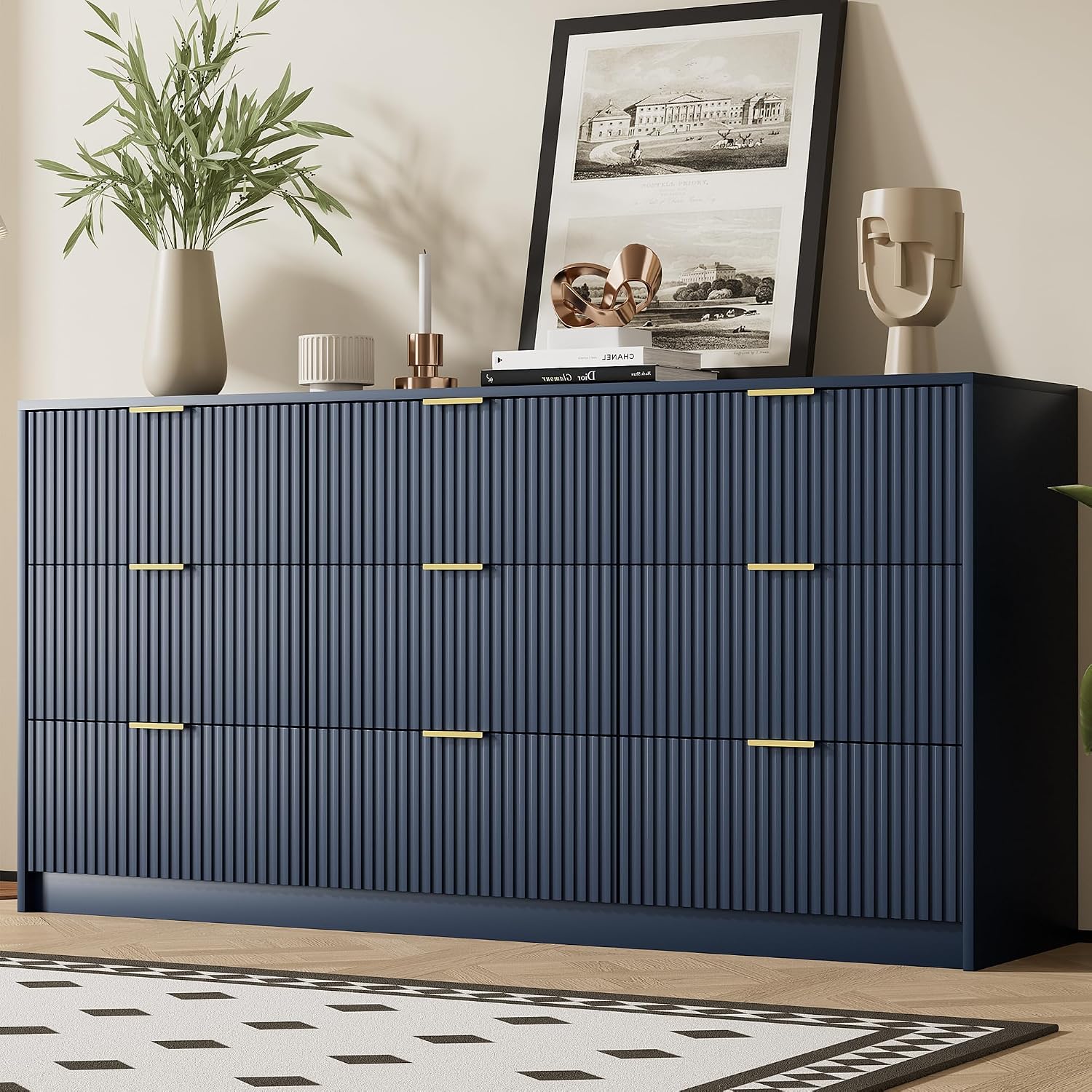 Furniway Blue Dresser for Bedroom, Modern Dresser with 9 Drawers and Smooth Slides, Wide Chest of Drawers with Golden Handles for Bedroom, Living Room, Closet, 15.7' D x 63' W x 31.5' H