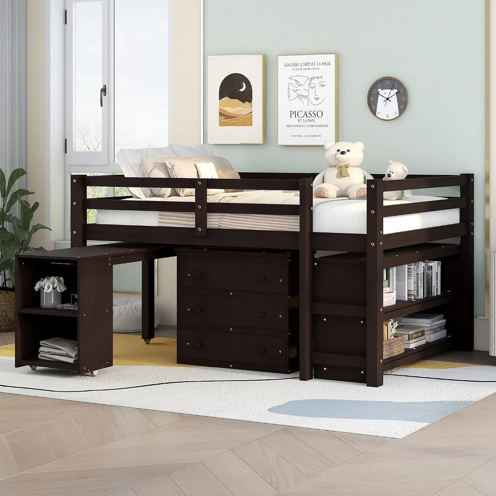 Bellemave Low Loft Bed with Desk and Dresser Full Size, Wood Kids Loft Beds Frame with Cabinet & Storage Shelves & Rolling Portable Desk for Juniors, Teen, Boys, Girls, Espresso