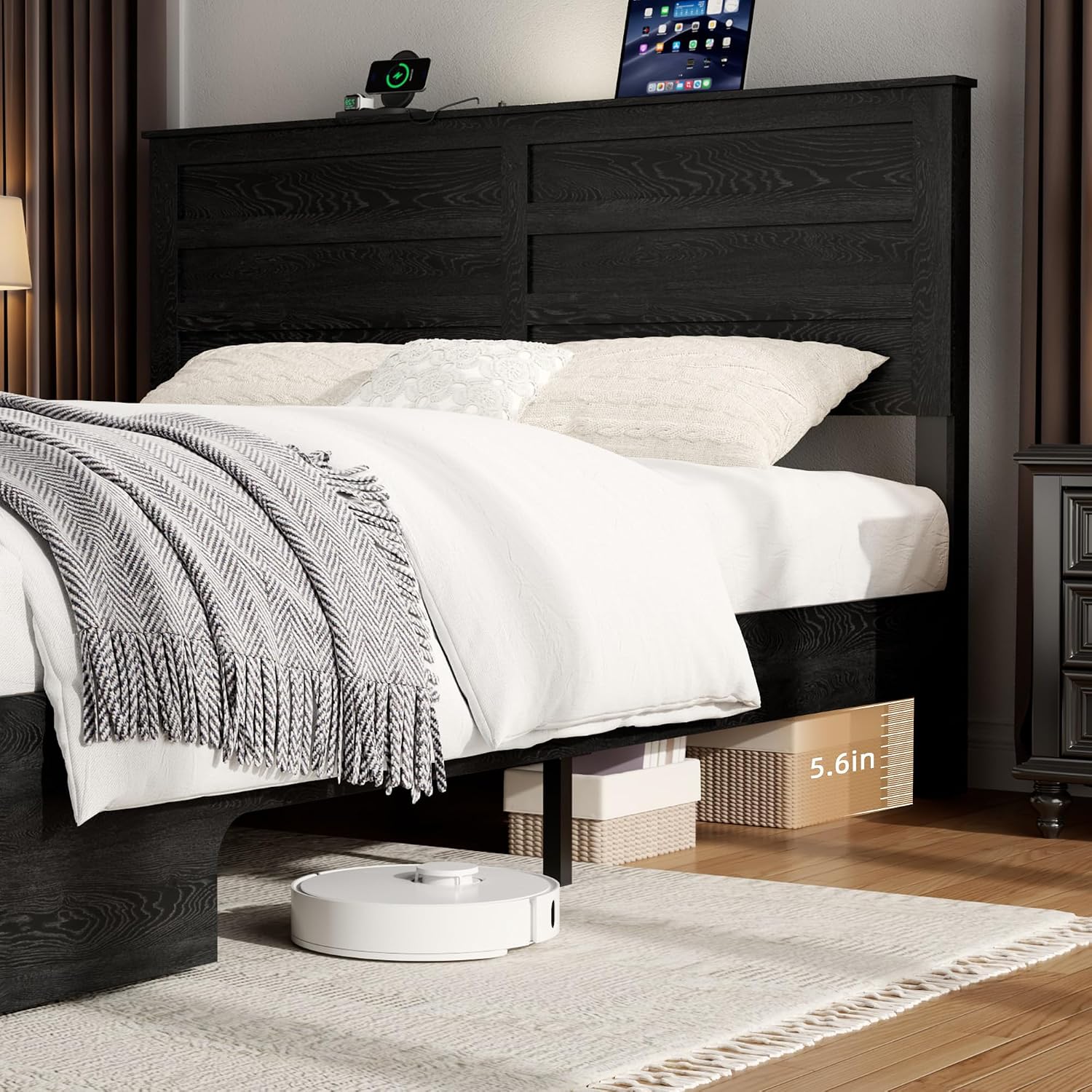 Wooden Bed Frame Queen Size with Headboard & Sliding Barn Door Storage Footboard, Farmhouse Platform Bedframe with Charging Station and LED Lights, No Box Spring Needed, Black