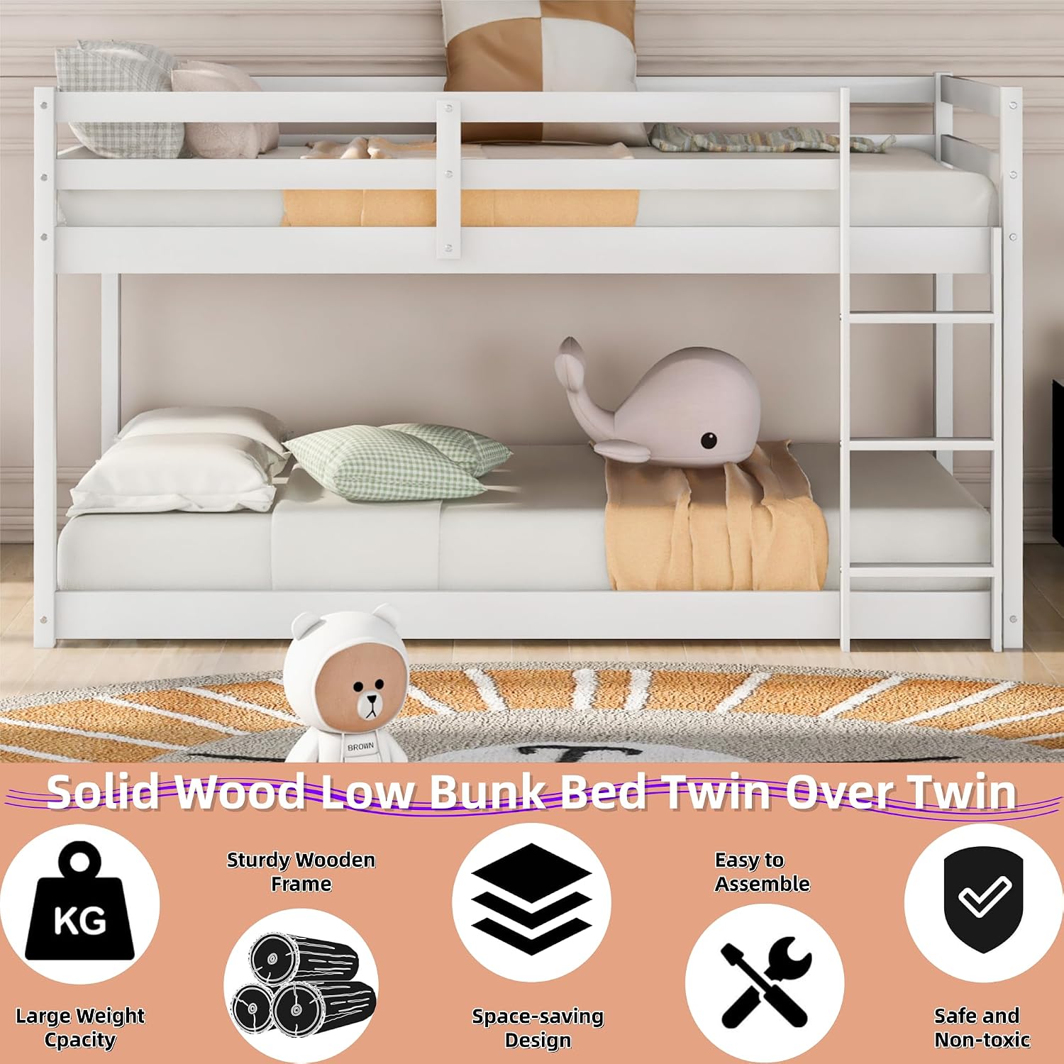 Low Bunk Bed Twin Over Twin, Solid Wood Floor Bunk Bed Frame with Ladder & Safety Guardrails, Twin Bunk Beds for Kids Boys and Girls, Saving Space, No Box Spring Needed, White
