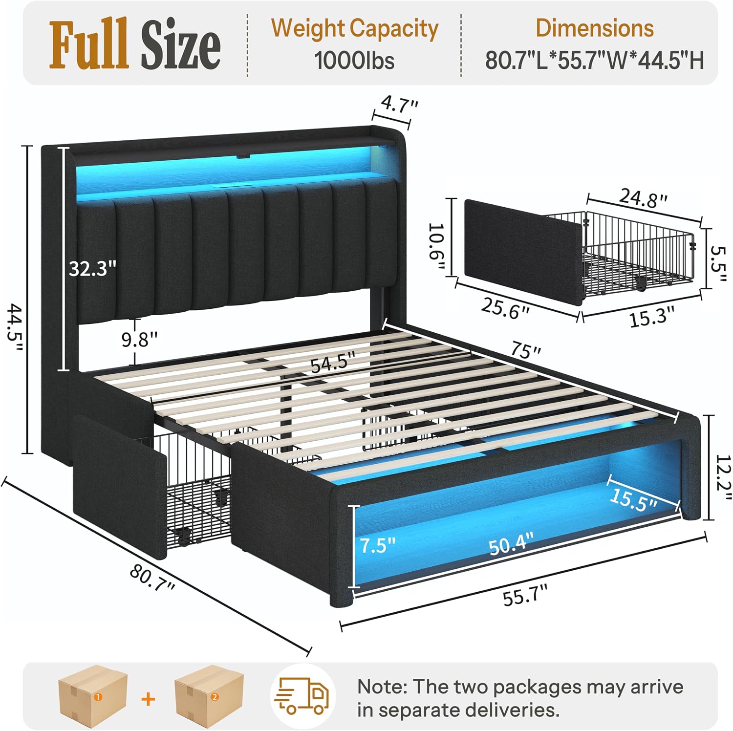 ChicZhiNest Full Size Bed Frame with 2 Storage Drawers, LED Headboard with Charging Station, Upholstered Bed Frame Full with Wooden Slats & Footboard Cubbies, No Box Spring Needed, Black