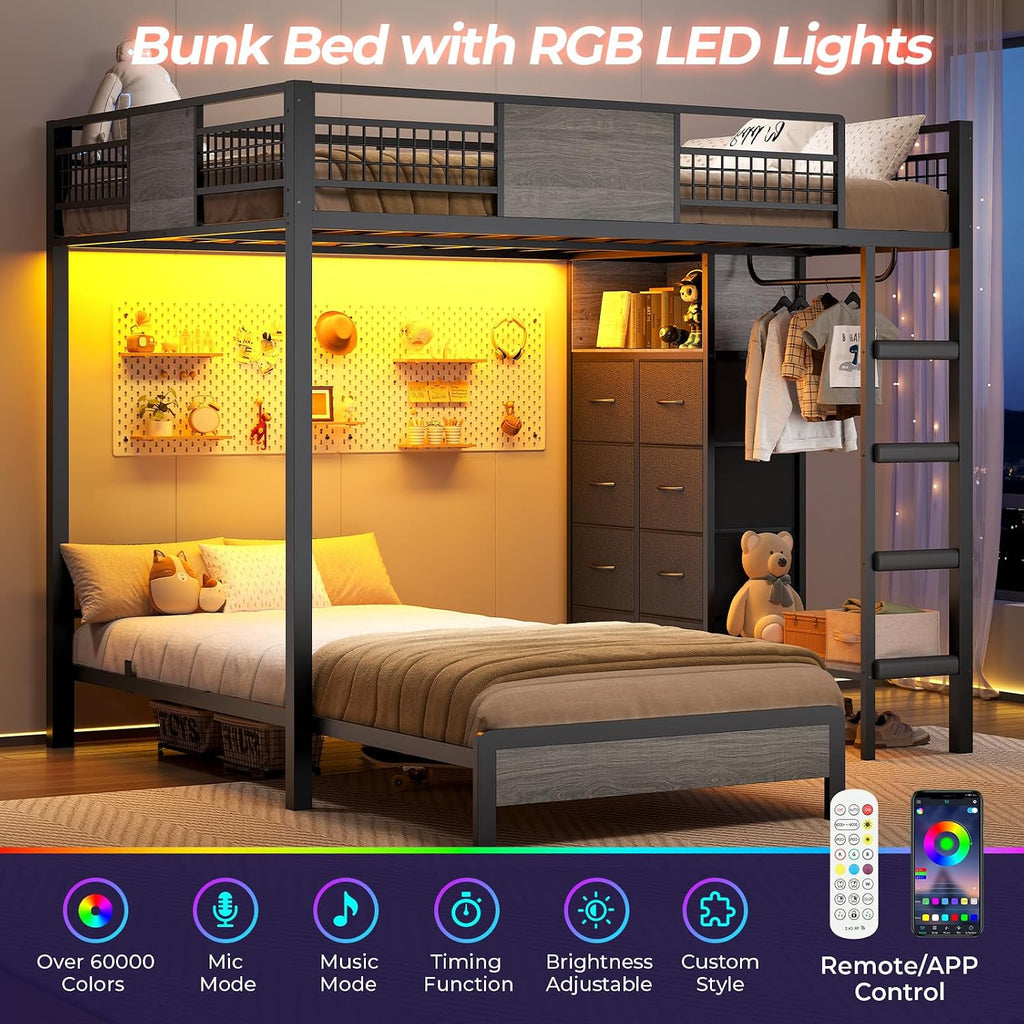 ADORNEVE Full Over Twin Bunk Bed with 8 Storage Drawers, Metal Loft Bed with Led Lights & Storage Shelves, Bunk Beds Twin Over Full Size with 13.4' H Safety Guardrail & Ladder, for Kids & Teens, Grey