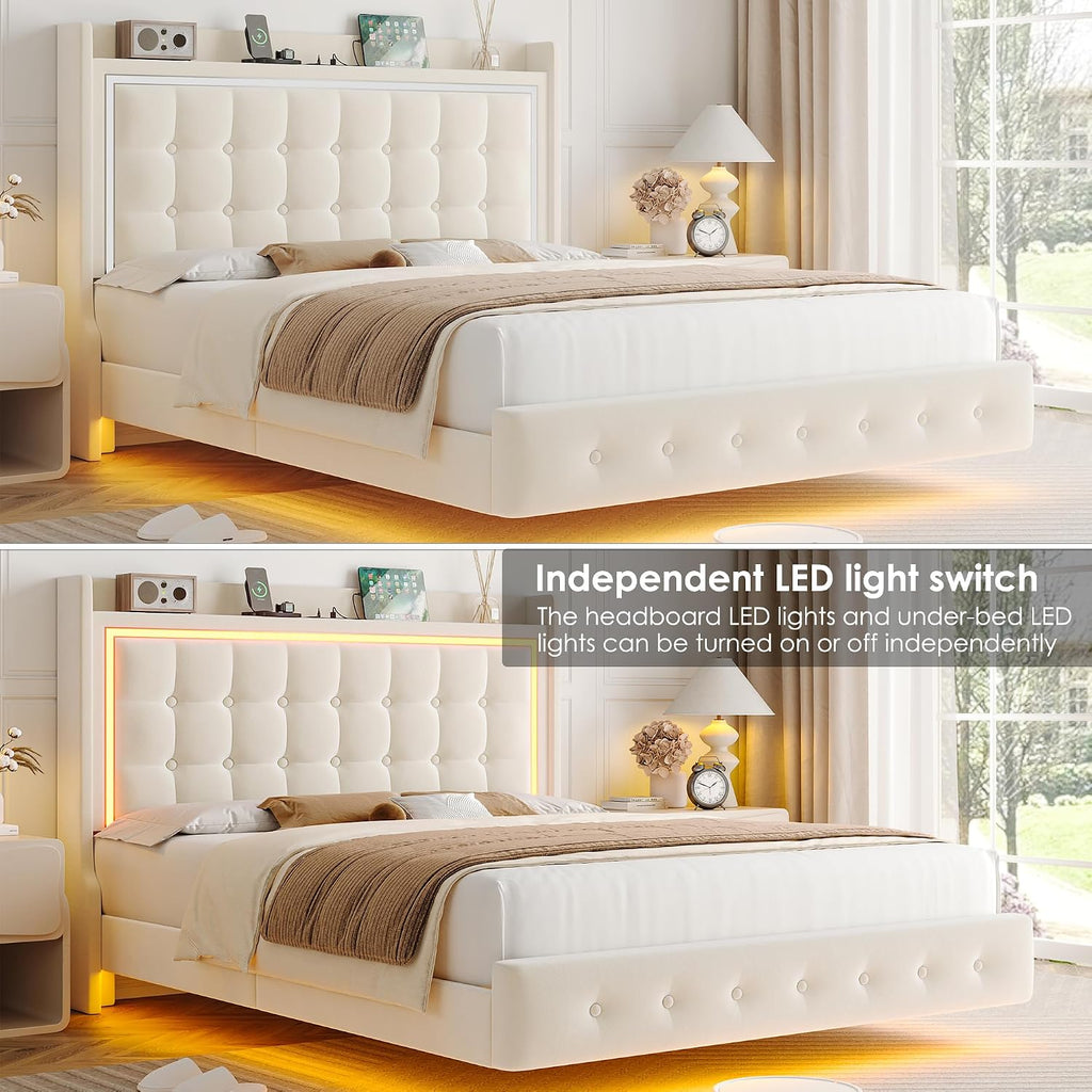 Keyluv Upholstered Queen Floating Bed Frame with RGB LED Lights and Charging Station, Velvet Platform Bed with Button Tufted Storage Headboard, Type-C & USB Charging Ports, No Box Spring Needed, Beige